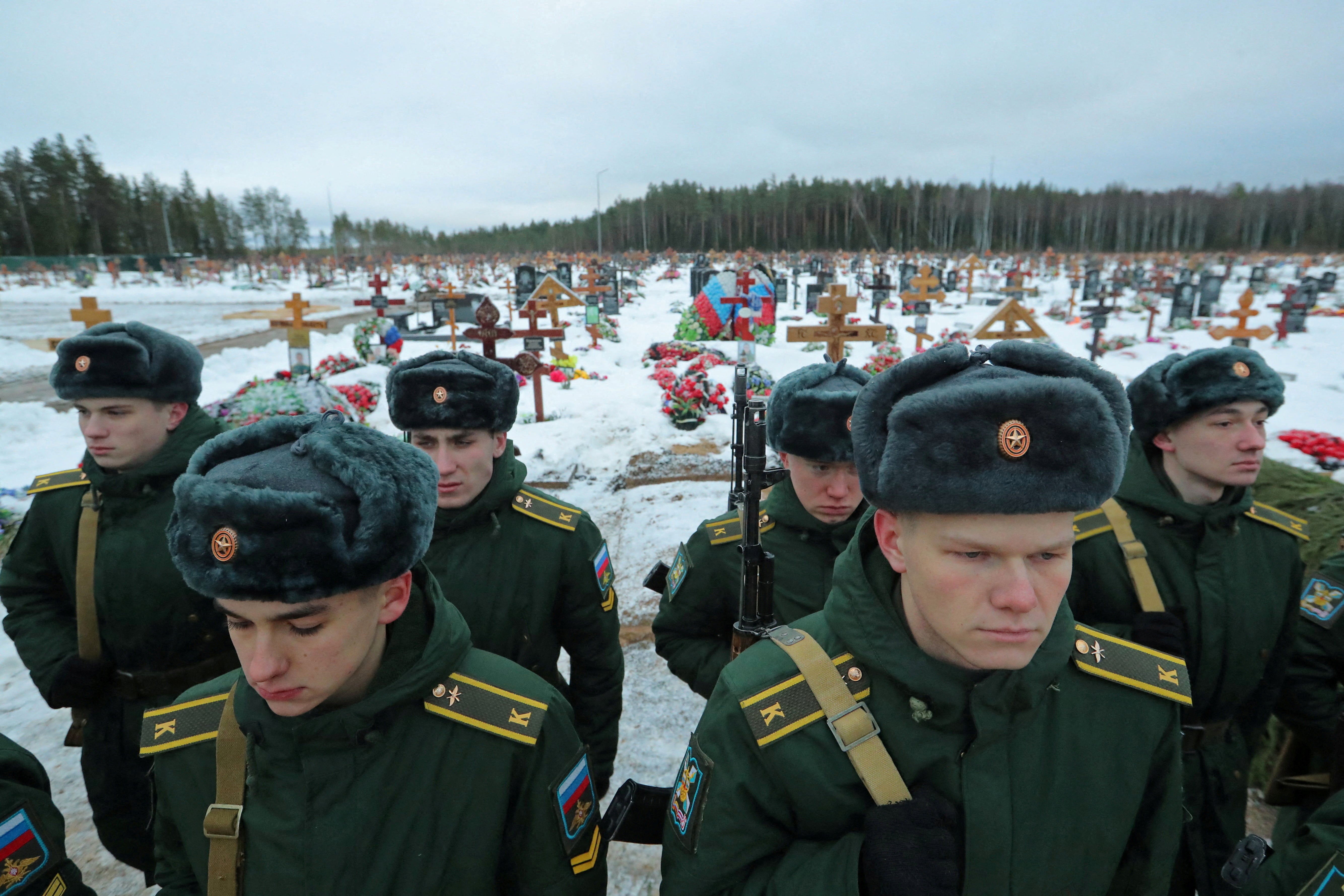 Russian military cadets at the funeral in St Petersburg of Dmitry Menshikov, a mercenary for Wagner Group killed in Ukraine