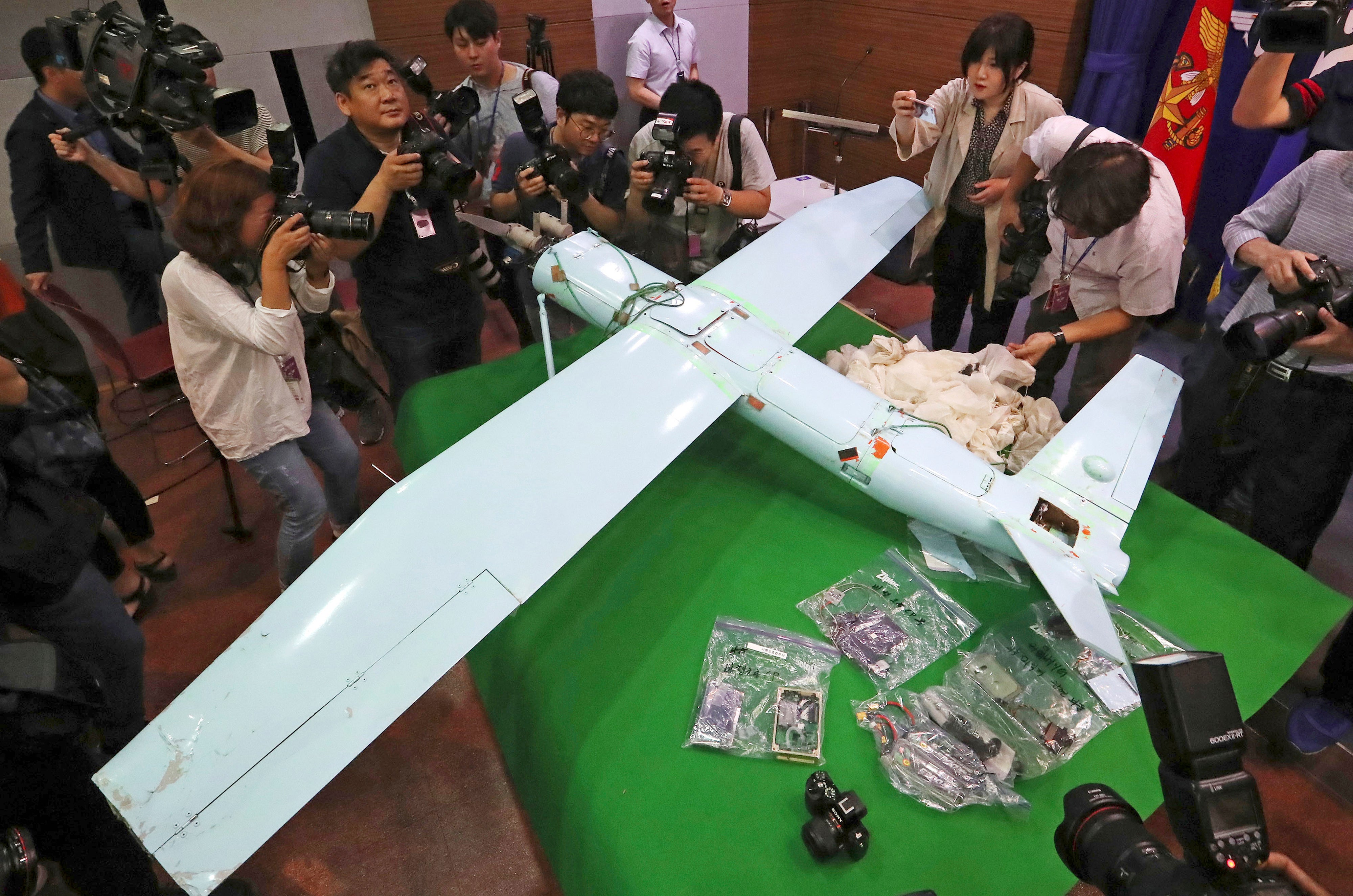 A suspected North Korean drone is viewed at the Defence Ministry in Seoul, South Korea, on 21 June 2017