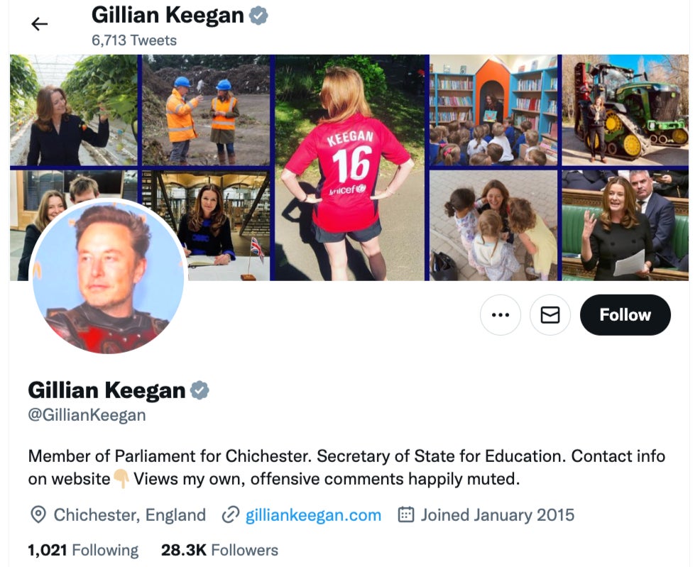 Gillian Keegan’s profile picture remained an image of Elon Musk until shortly before 11am