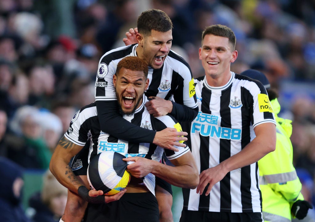 Joelinton celebrates scoring Newcastle’s third goal at Leicester