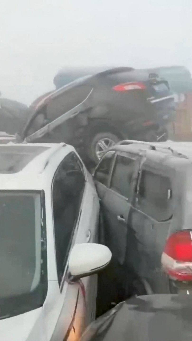 Cars crash in a pileup on a bridge in Zhengzhou, Henan province, China