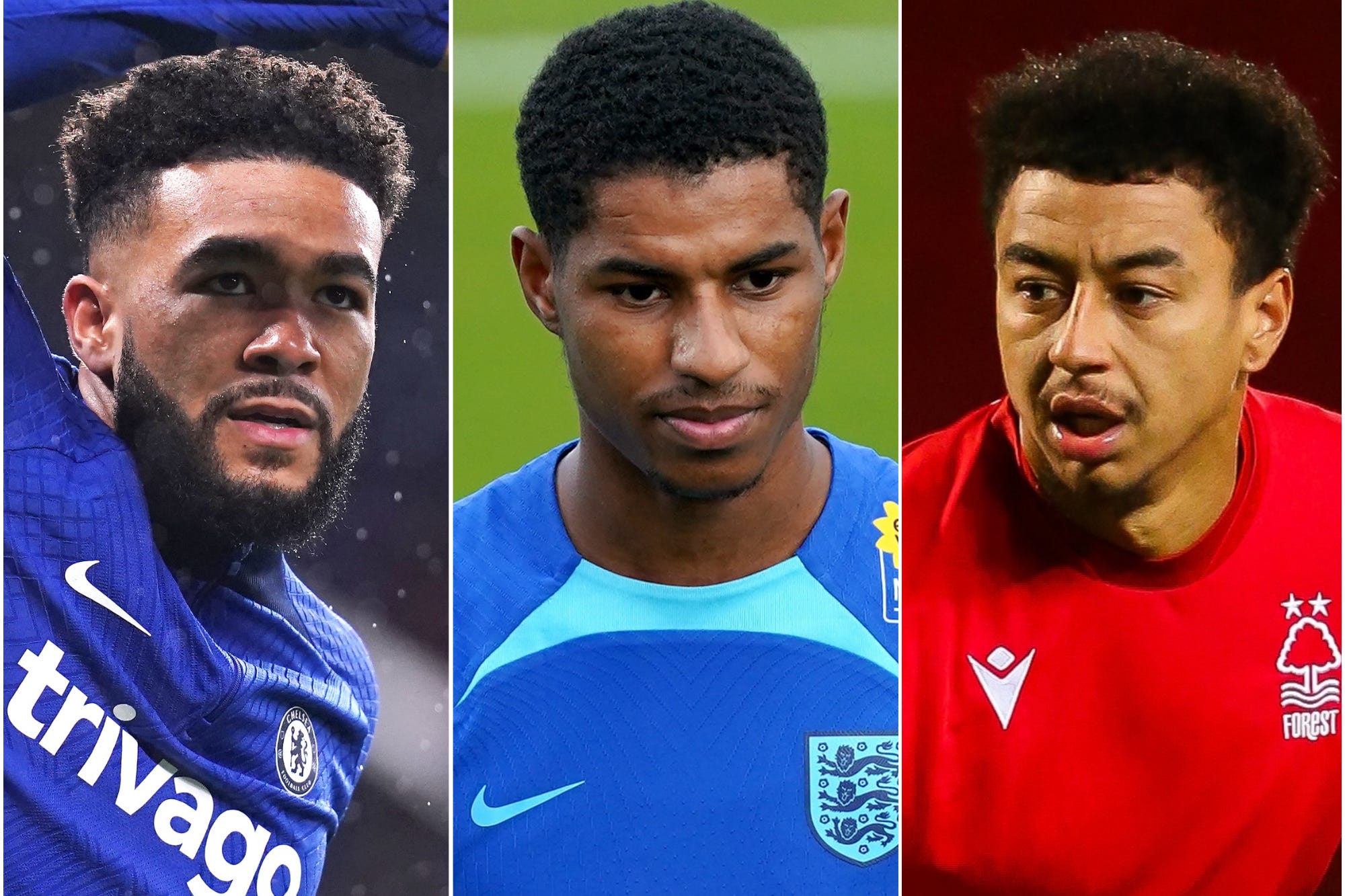 Reece James (left) Marcus Rashford (centre) and Jesse Lingard (John Walton/Adam Davy/Barrington Coombs/PA)