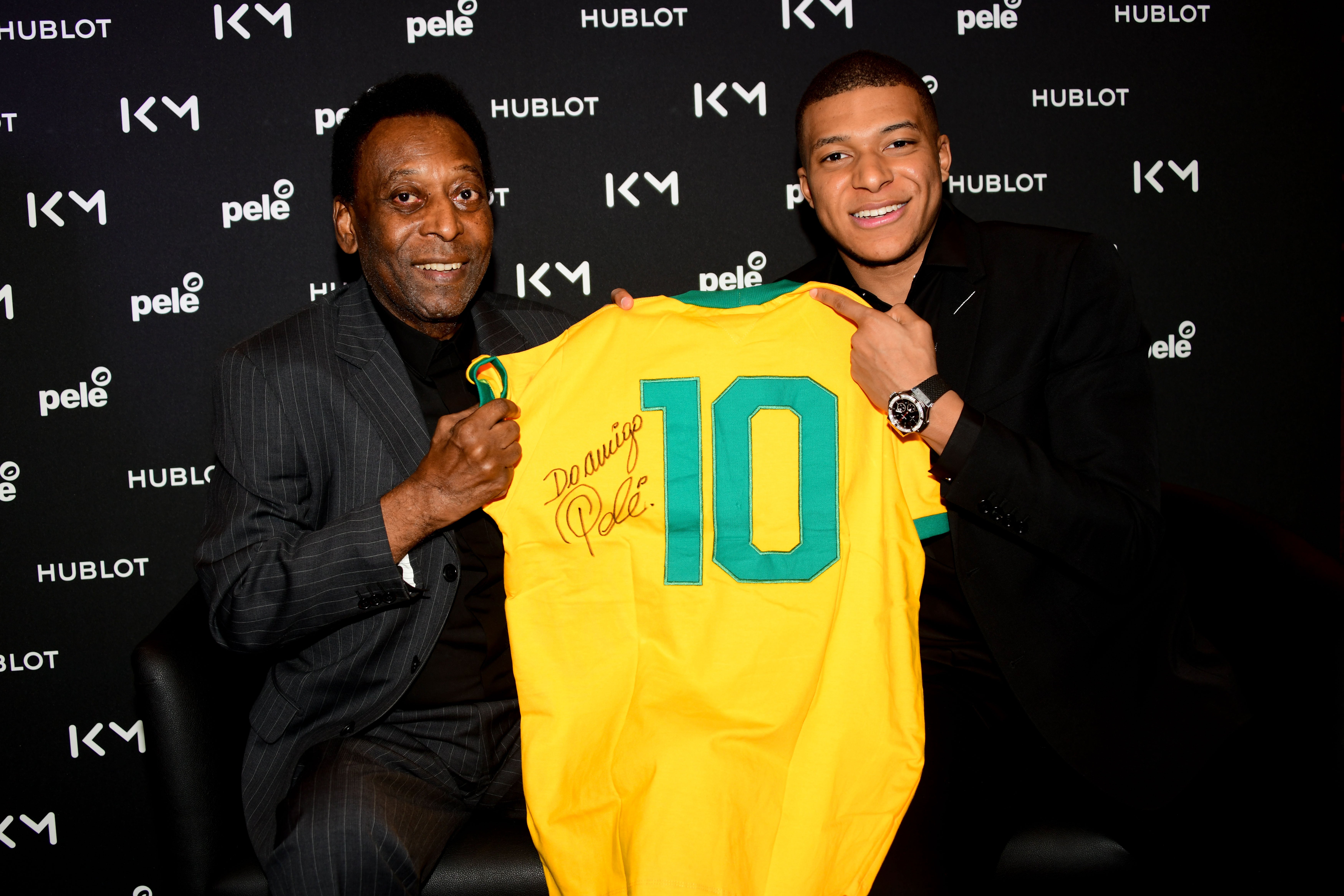 Pele and Kylian Mbappe meeting at Hotel Lutetia on April 02, 2019 in Paris, France.