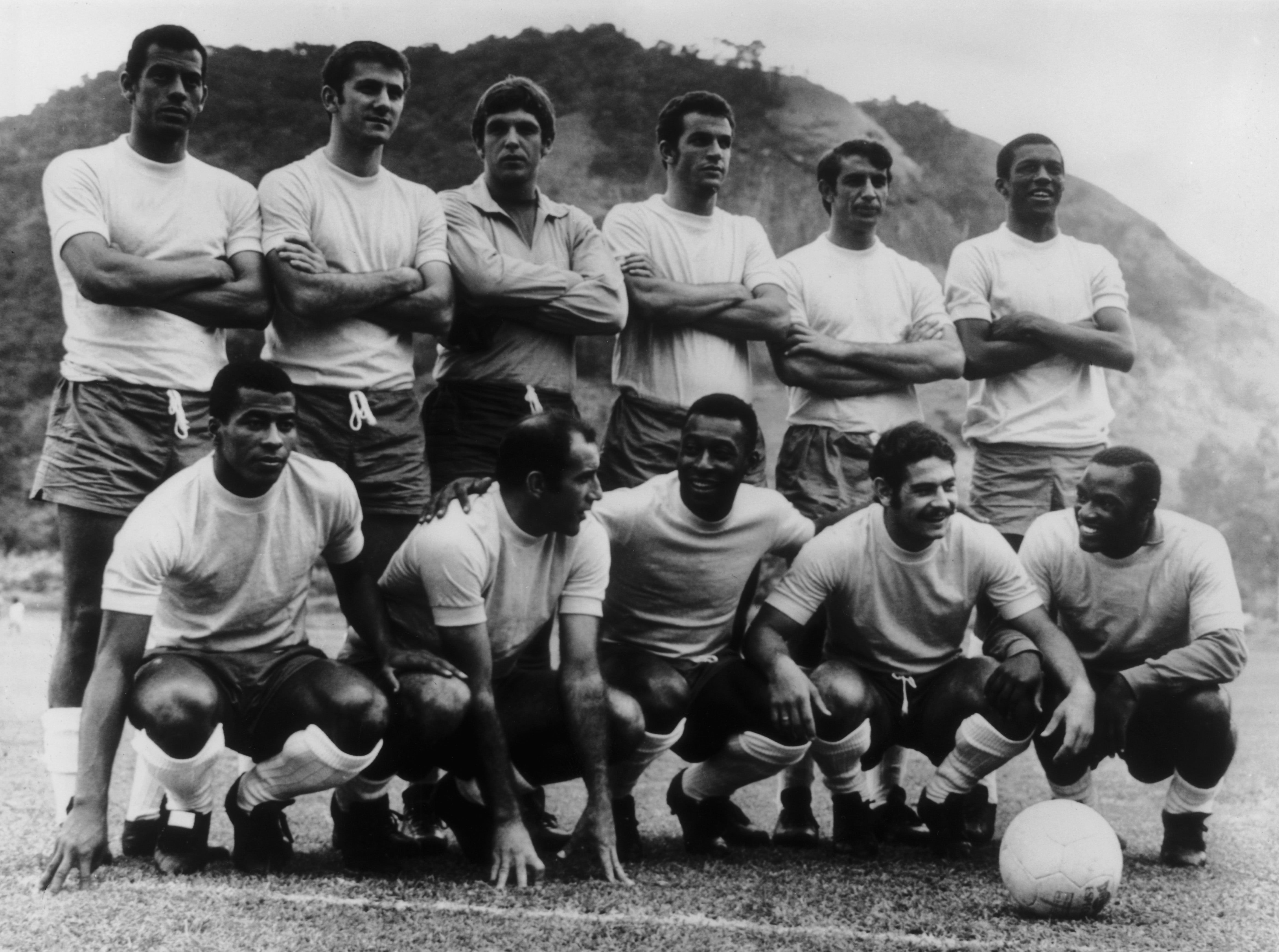 The Brazilian football team, 18th May 1970. (Back row left to right) Carlos Alberto, Baldocchi, Ado, Fontana, Piazza and Marco Antonio; (front row) Jairzinho, Gerson, Pele, Rivelino and Edu.