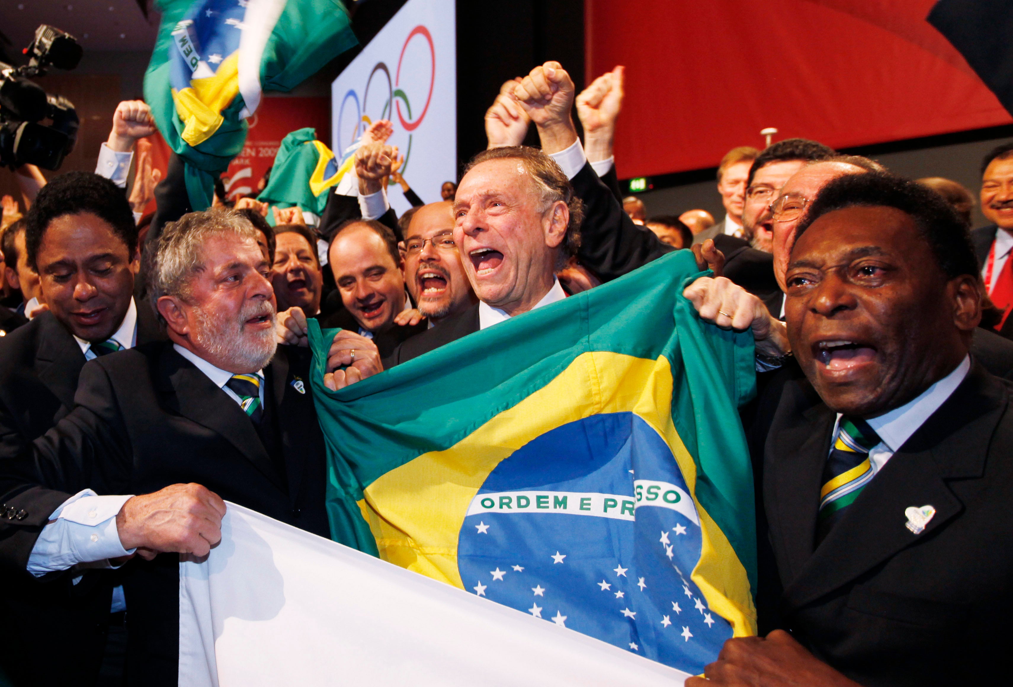 Brazil's President Luiz Inacio ‘Lula’ da Silva, left, Rio 2016 bid President Carlos Arthur Nuzman, centre, and Pele, right, celebrate with their delegation after it was announced that Rio de Janeiro has won the bid to host the 2016 Summer Olympic Games at the Bella Center on October 2, 2009 in Copenhagen, Denmark.