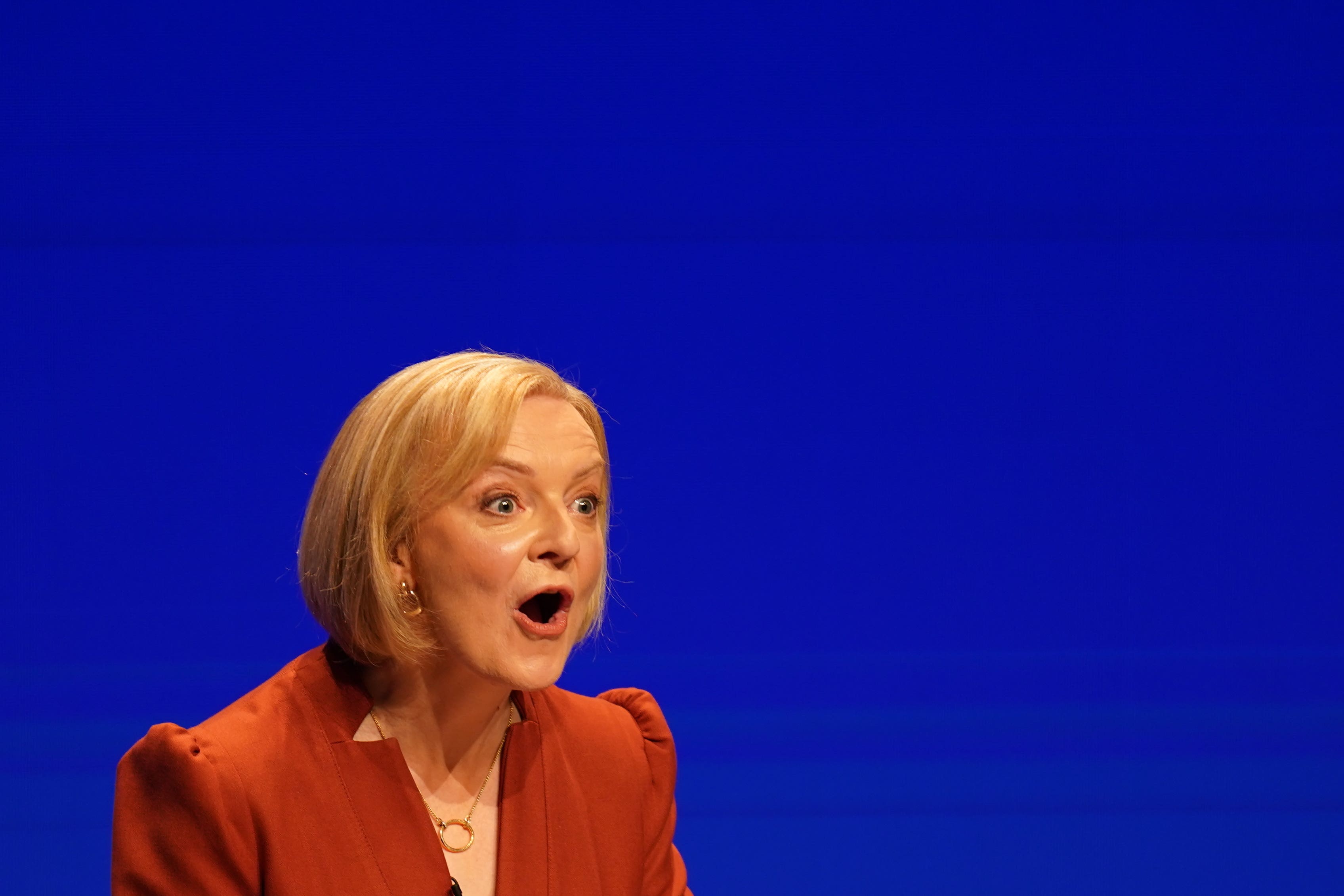 Former prime minister Liz Truss delivering her keynote speech at the Conservative Party annual conference (PA)