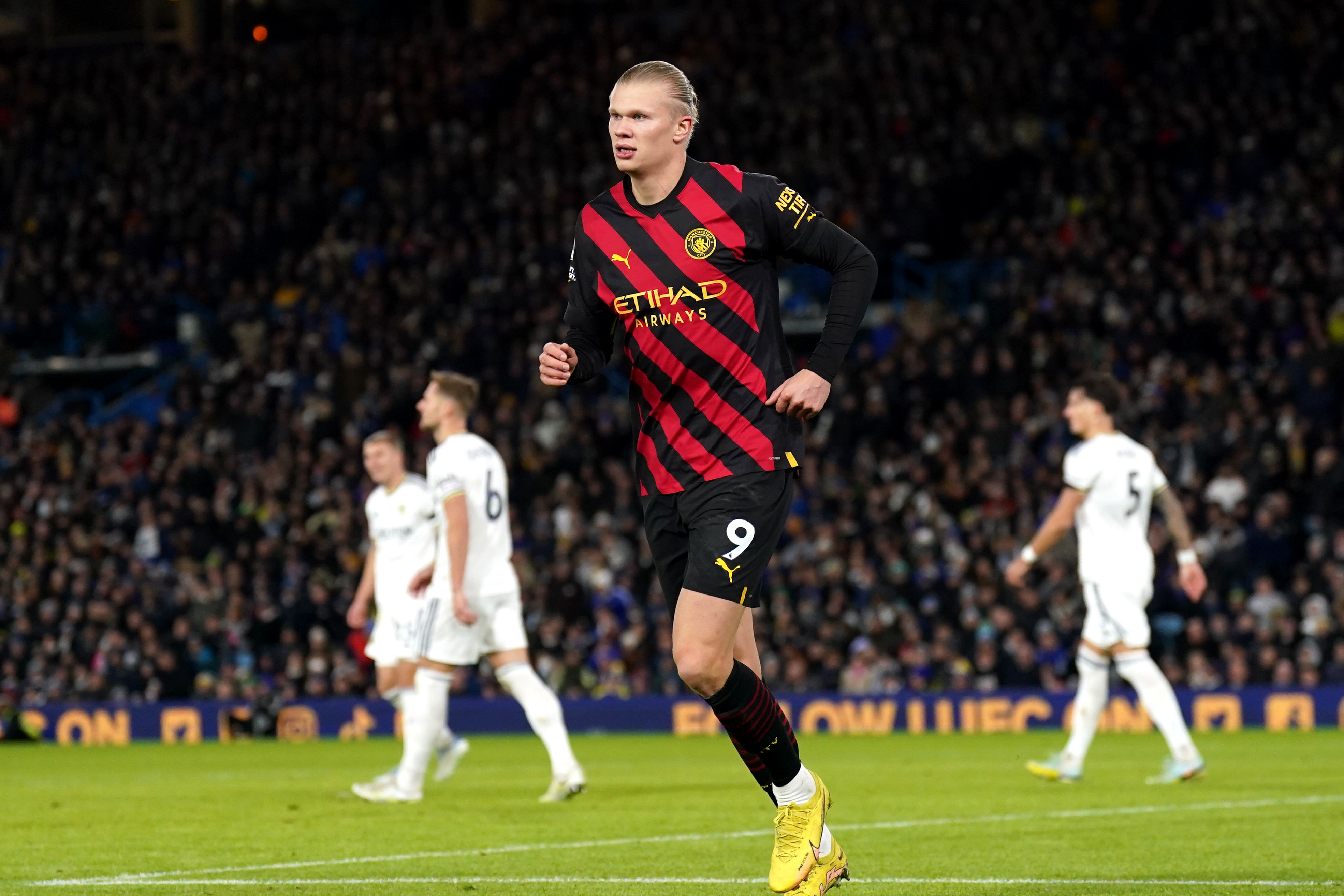 Manchester City’s Erling Haaland celebrates against Leeds (Tim Goode/PA).