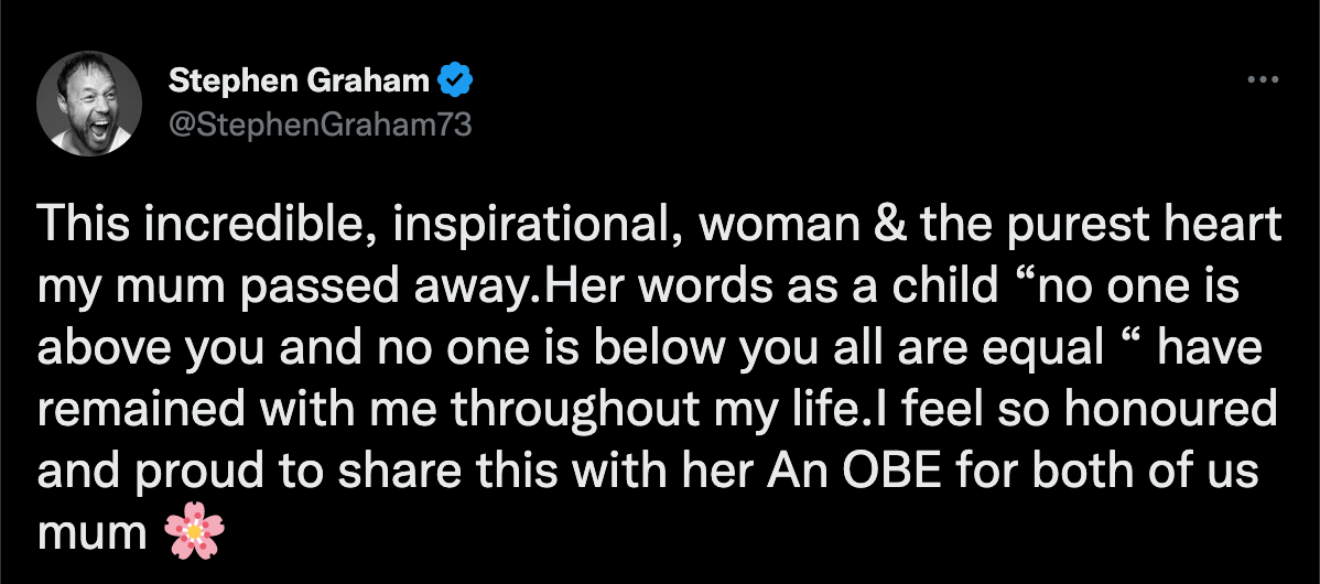 Stephen Graham pays tribute to mother on Twitter