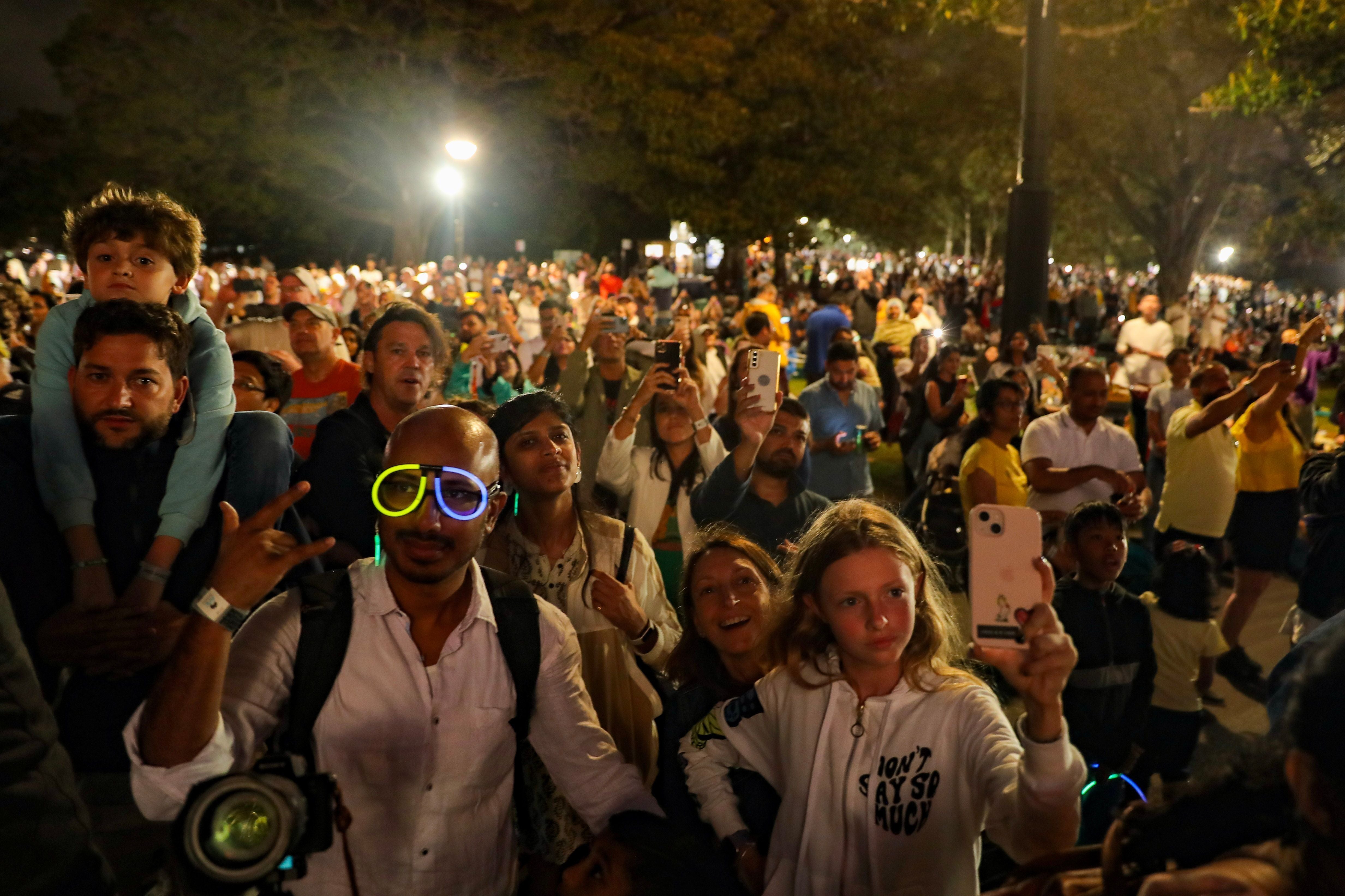 People watch 9pm fireworks at Sydney Botanic Garden during New Years Eve celebrations