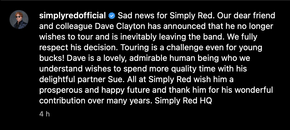 Simply Red announces keyboardist Dave Clayton’s departure