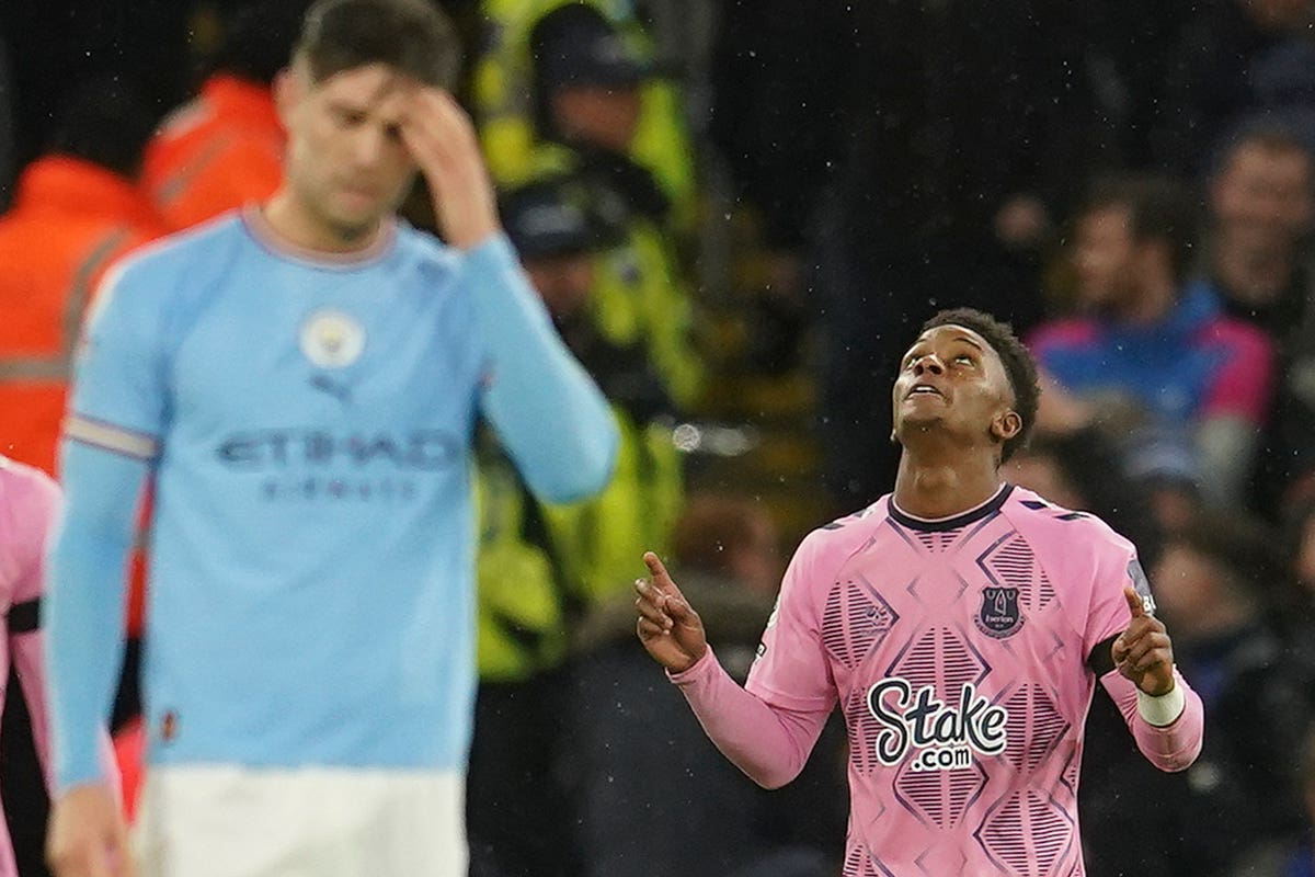 Demarai Gray celebrates after scoring for Everton at the Etihad Stadium (Dave Thompson/AP)