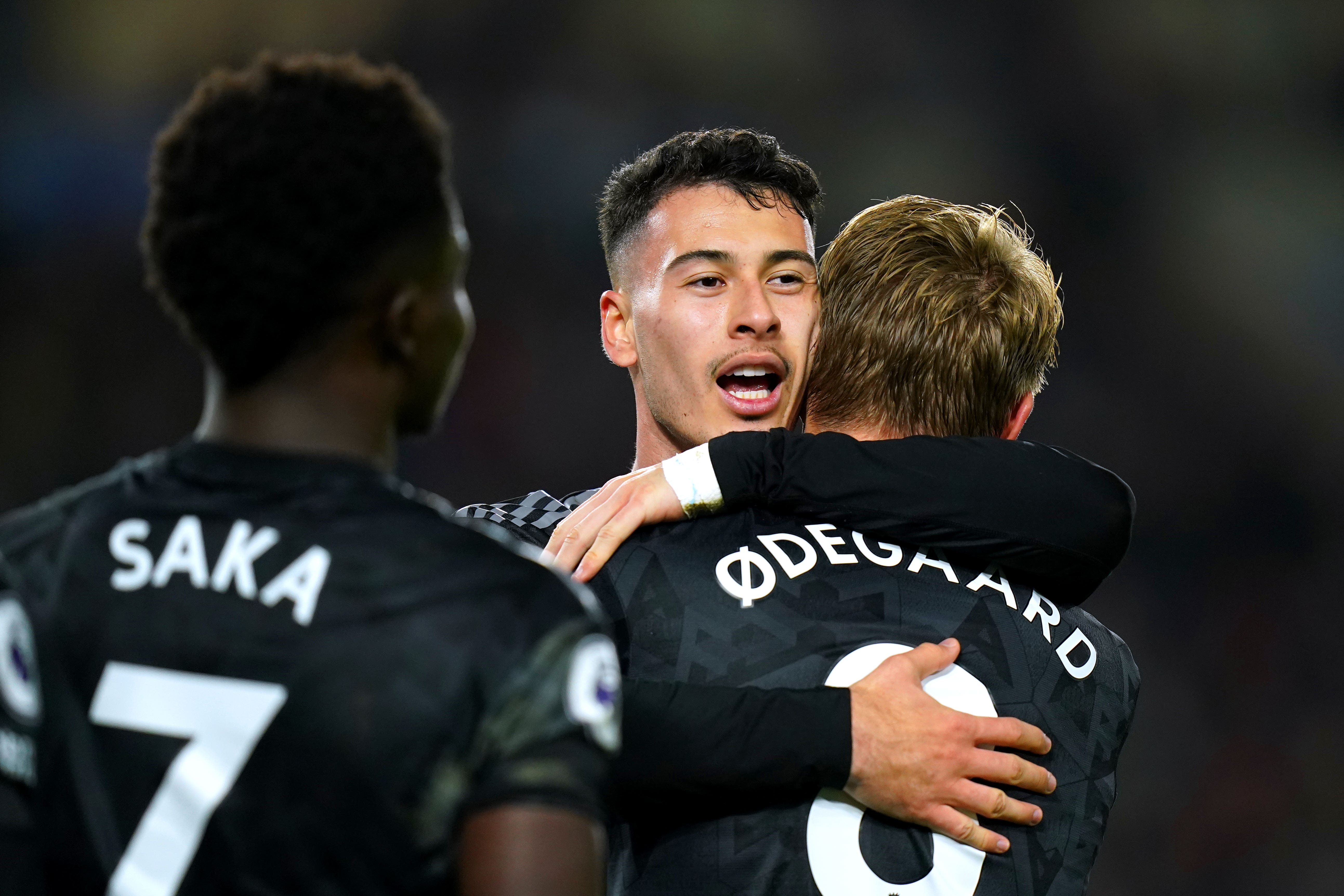 Gabriel Martinelli celebrates after scoring Arsenal’s fourth against Brighton (Adam Davy/PA)