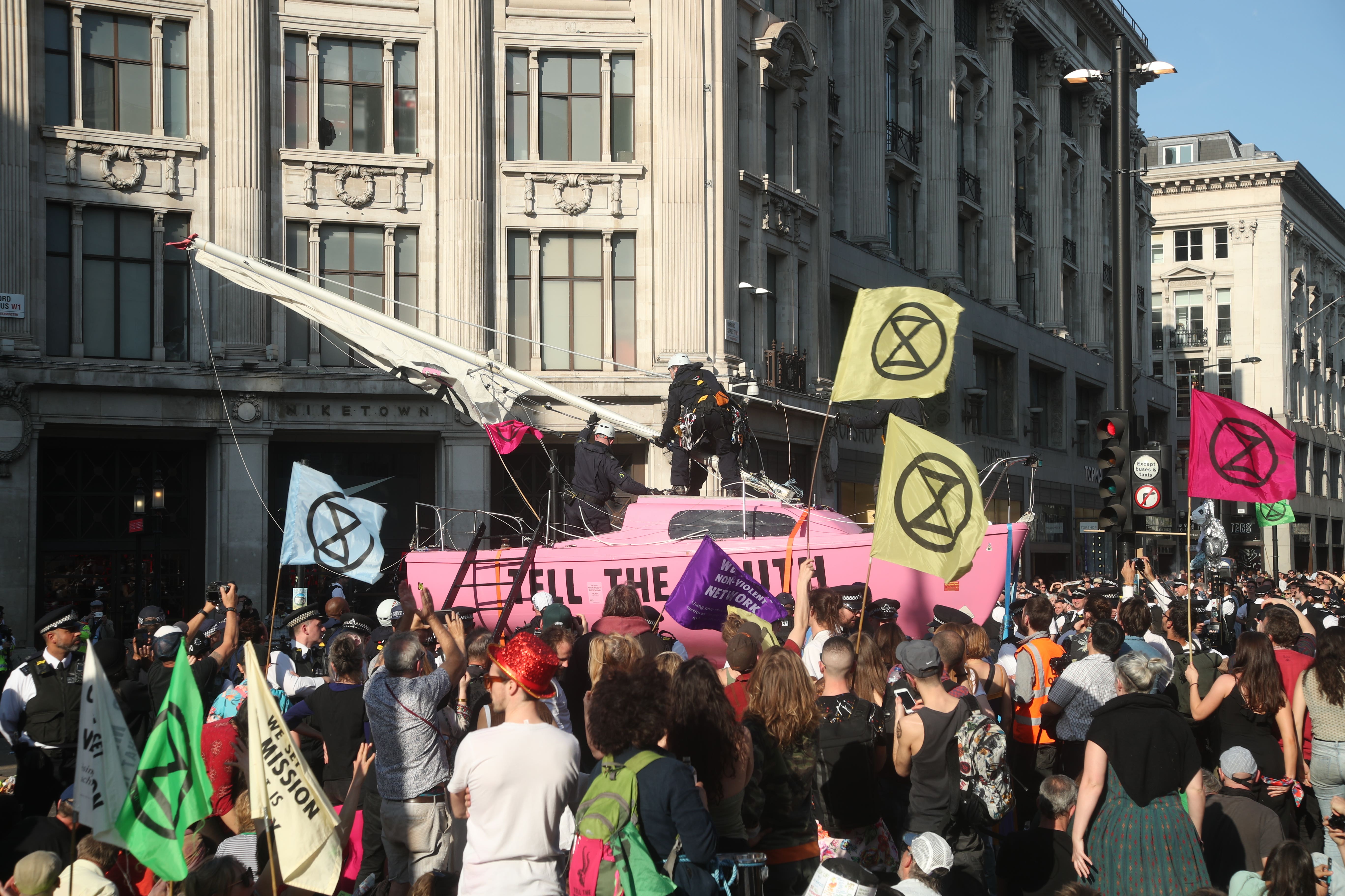 Police take control of Extinction Rebellion’s ‘Tell the Truth’ boat, as protests continue at Oxford Circus in London