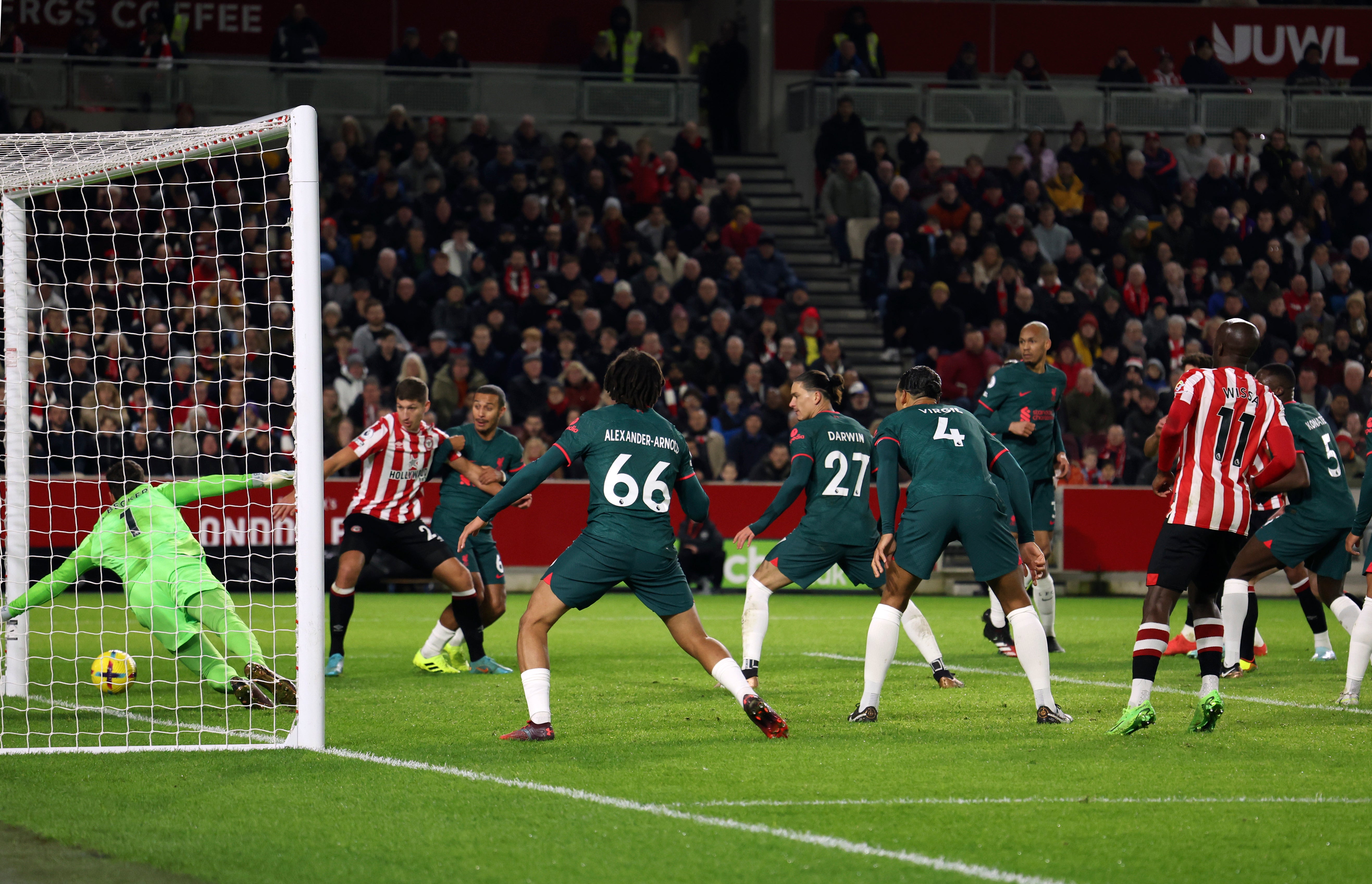 Ibrahima Konate, far right, accidentally puts past his own goalkeeper