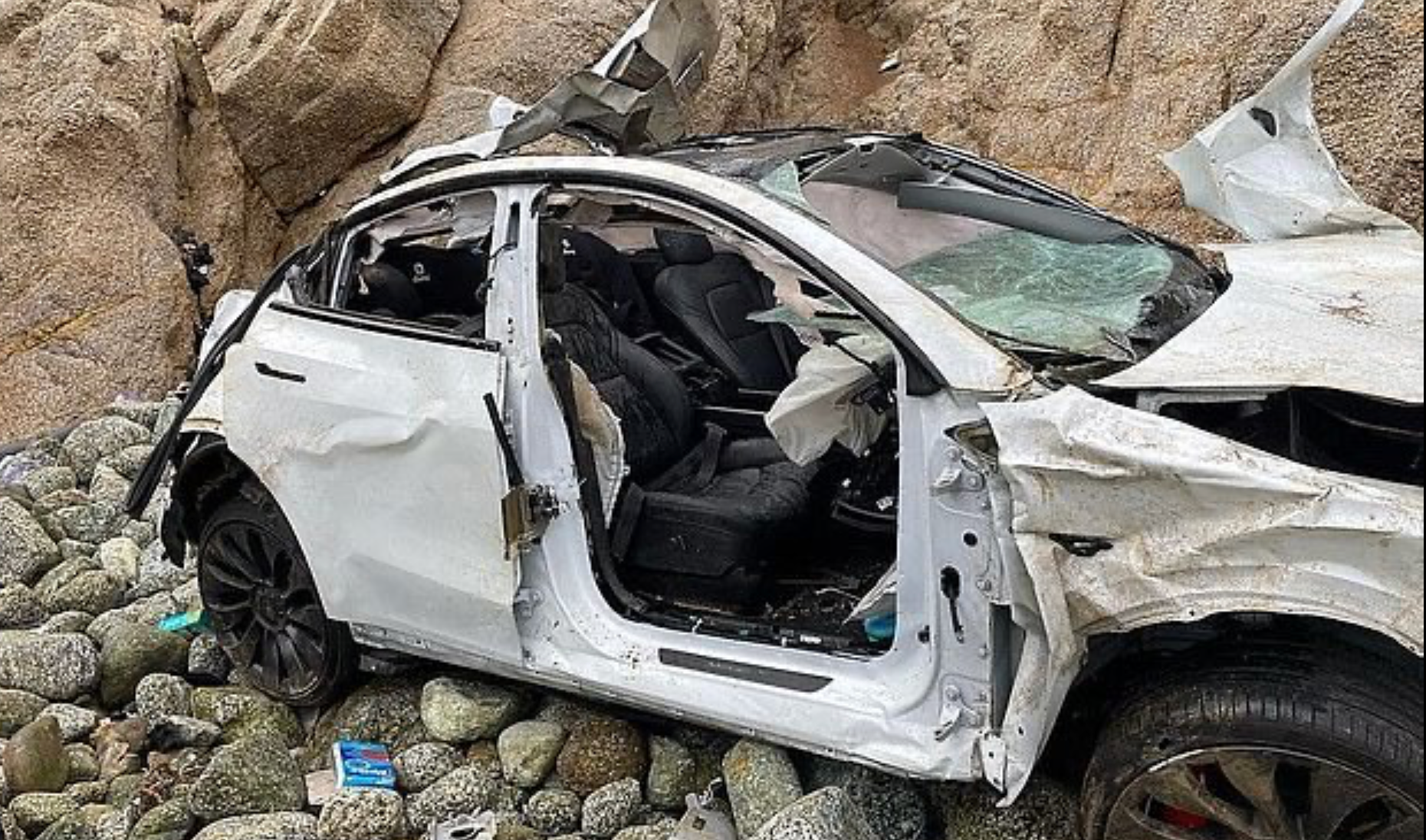 The Tesla vehicle that authorities say Dharmesh Patel intentionally drove off a California cliff