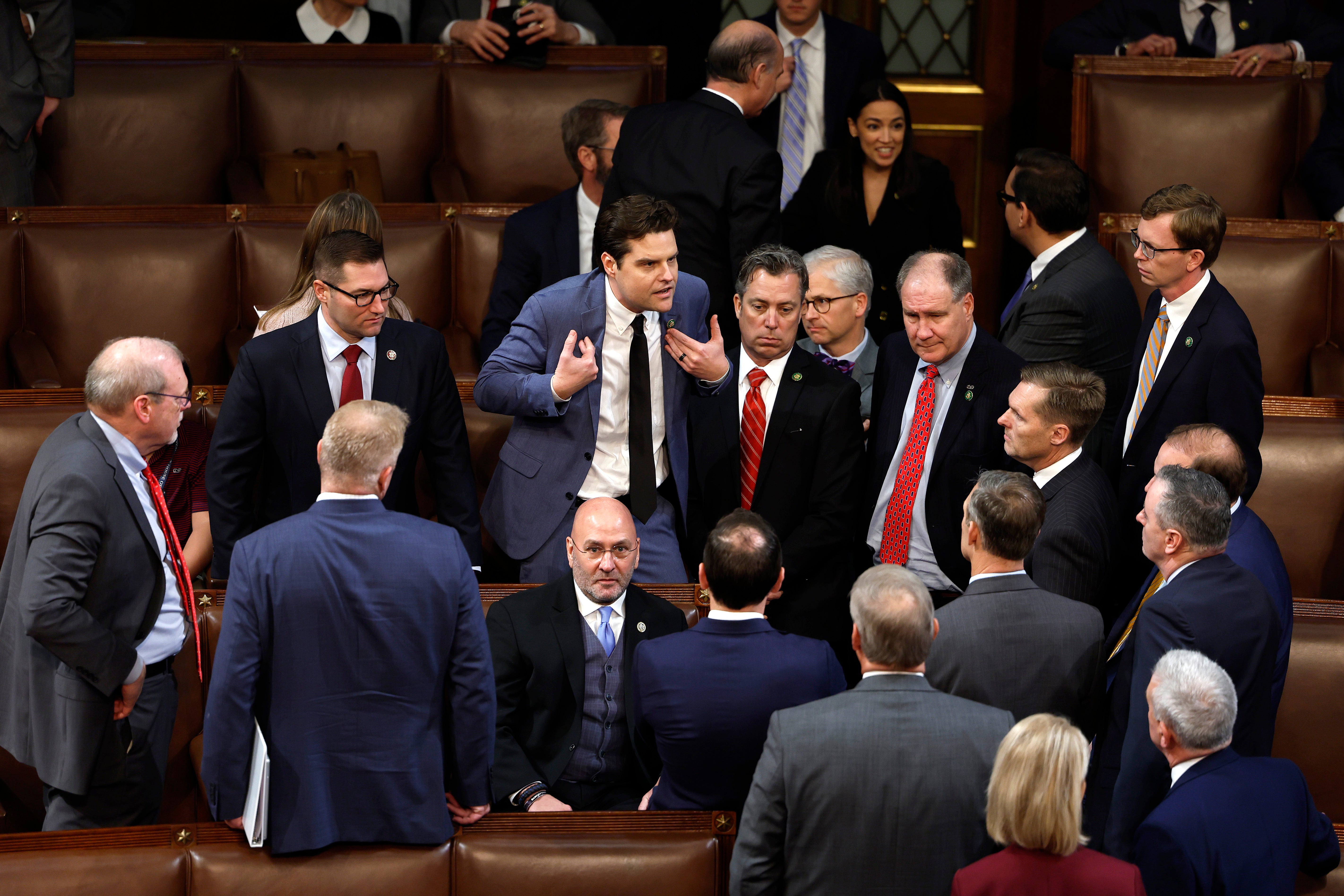 Another dramatic image from the drawn-out bid to elect a Speaker showed Democrat Alexandria Ocasio-Cortez appearing to laugh in the background as Gaetz made an impassioned point to fellow Democrats