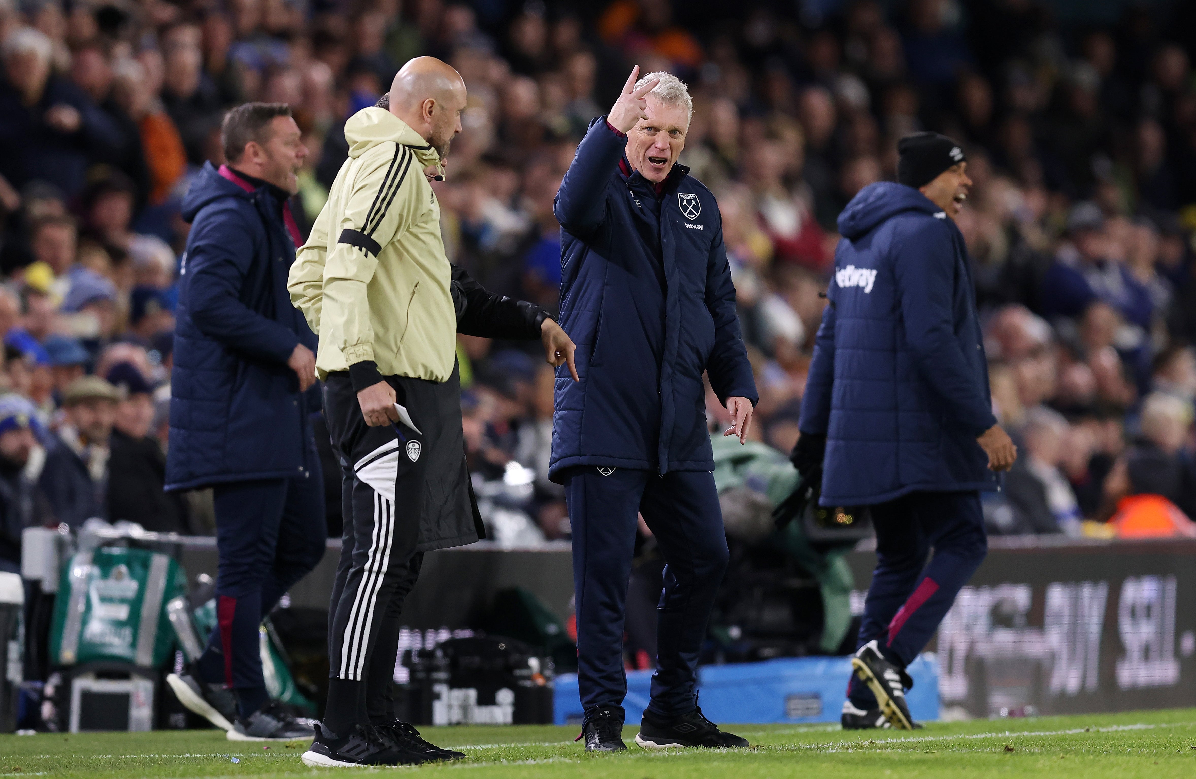 David Moyes, manager of West Ham United, gestures at Elland Road