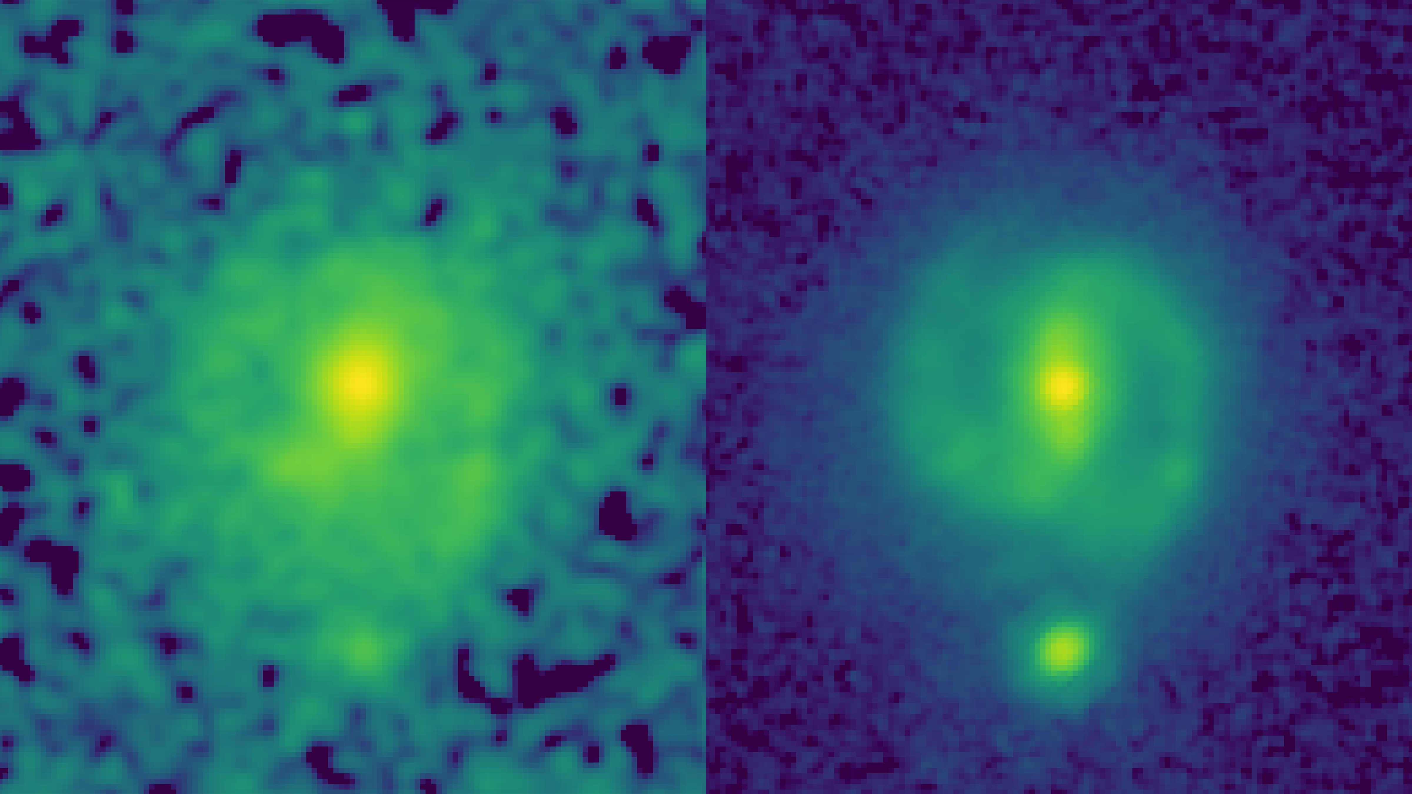 The Hubble image of a distant galaxy, compared with the new JWST one showing its precise structure – and intriguing ‘bars’