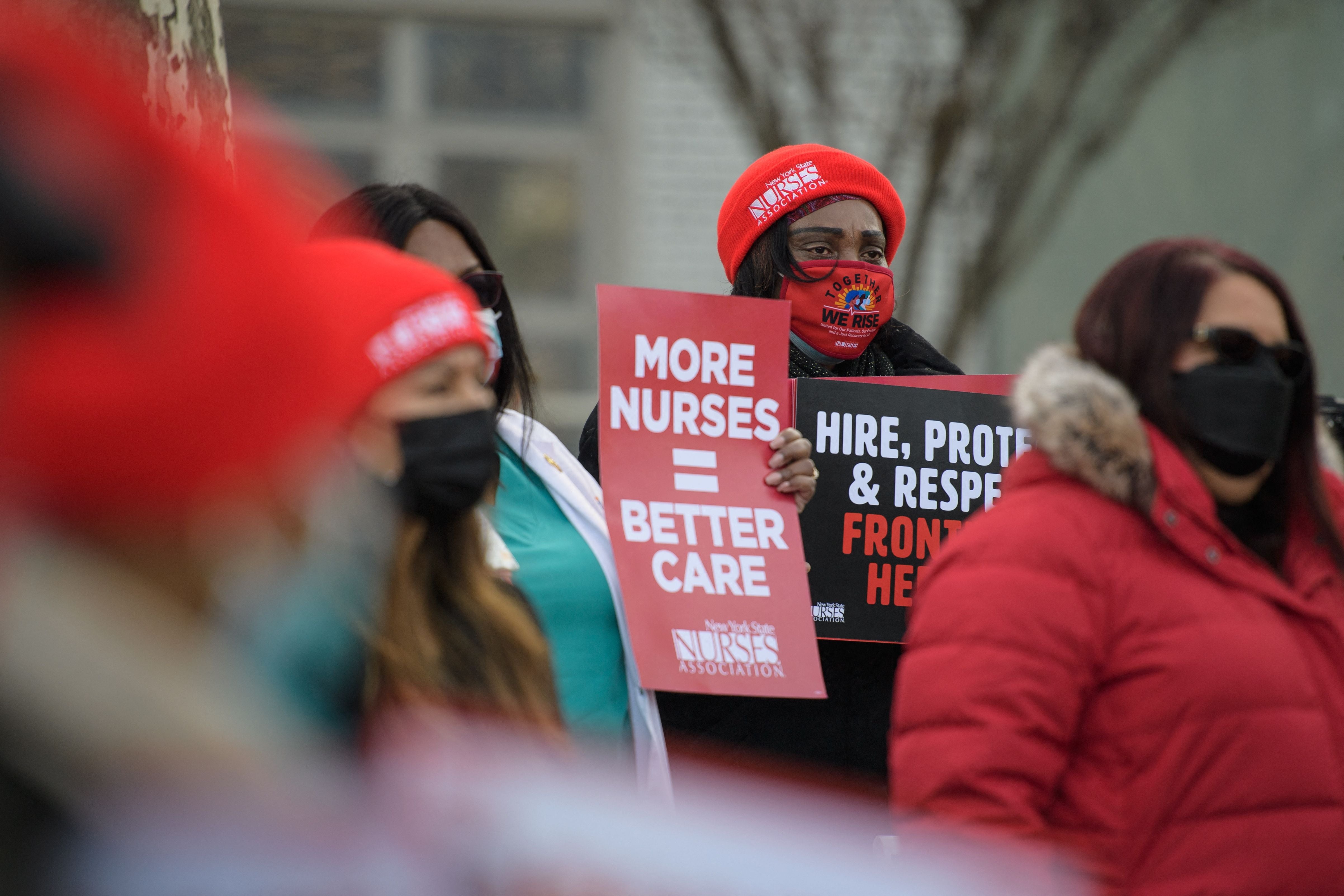 Nurses of the New York State Nurses Association address a press conference on the Covid-19 crisis in hospitals in January 2022.