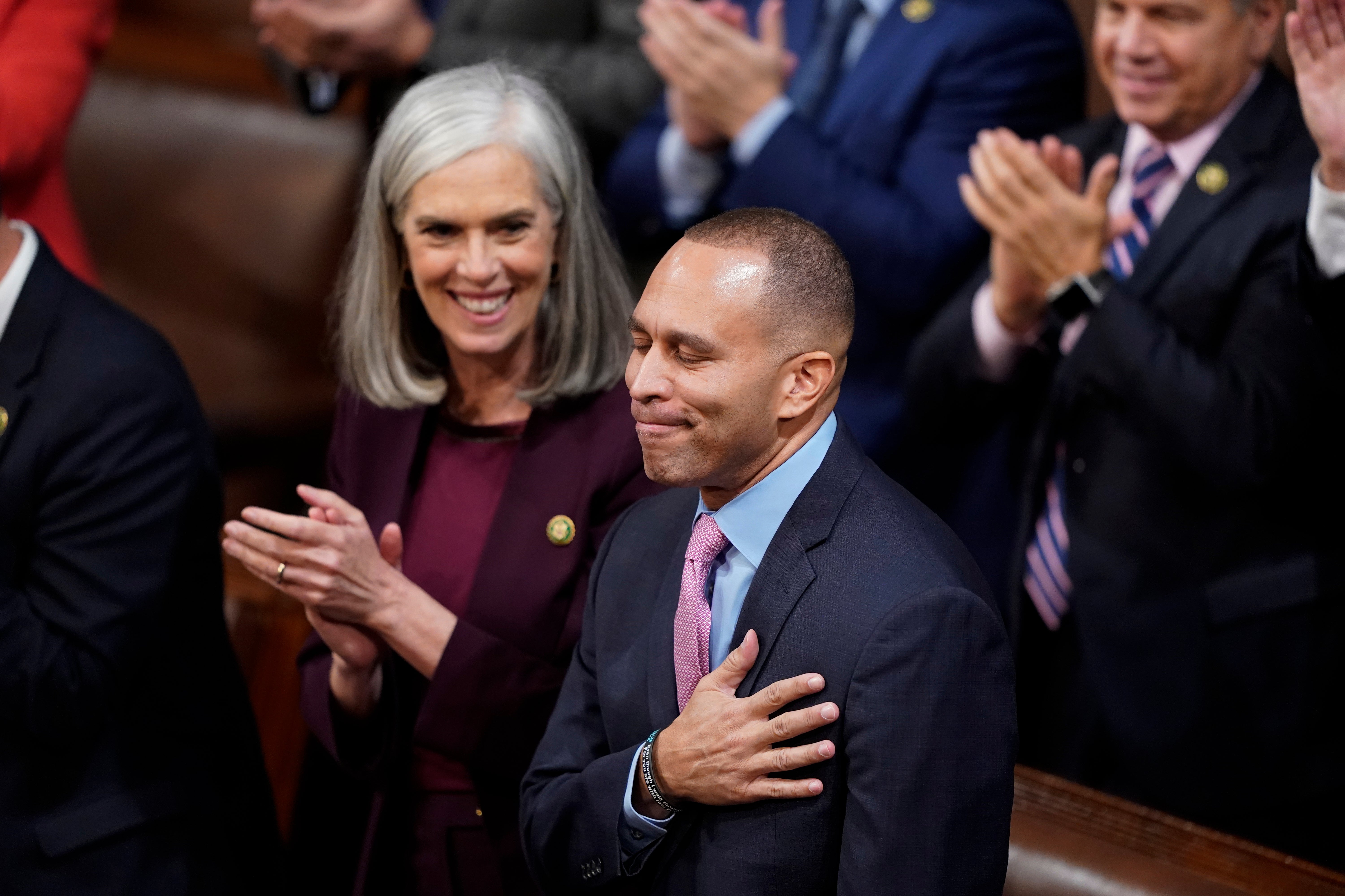 Rep Hakeem Jeffries of New York reacts after being nominated for a third round of votes for Speaker of the House. By Thursday afternoon he was nominated another six times by fellow Democrats.