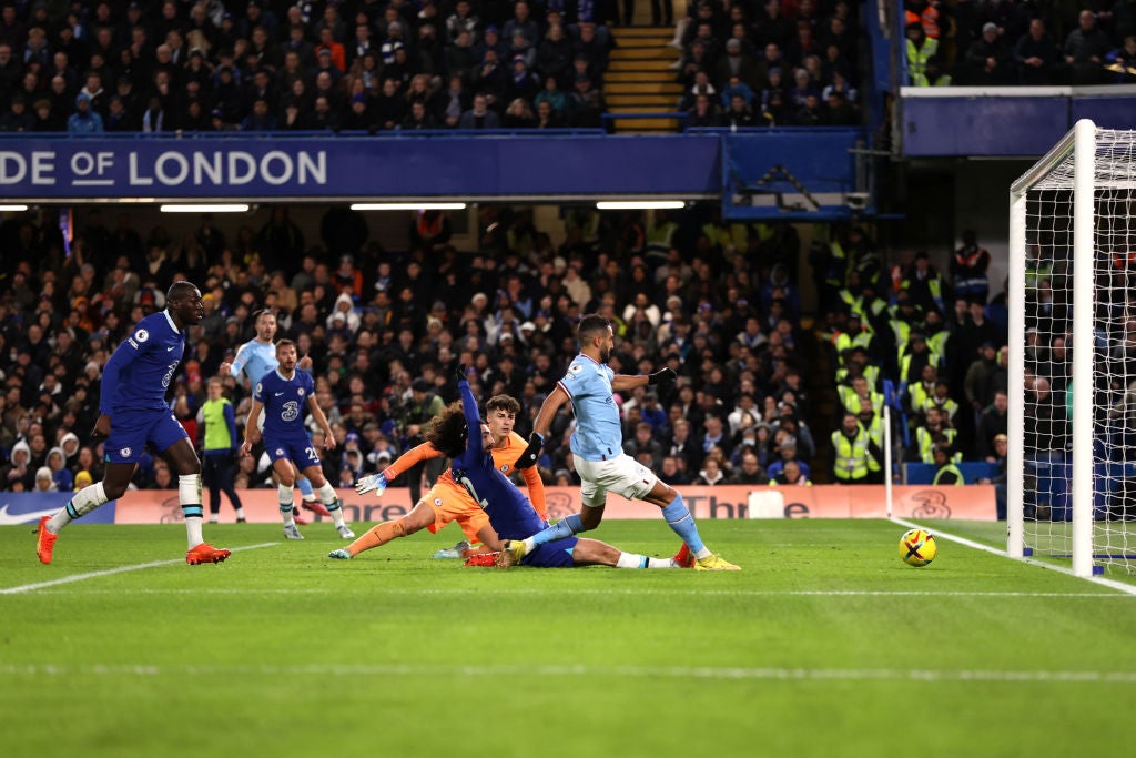 Riyad Mahrez turns in Jack Grealish’s cross to score for City