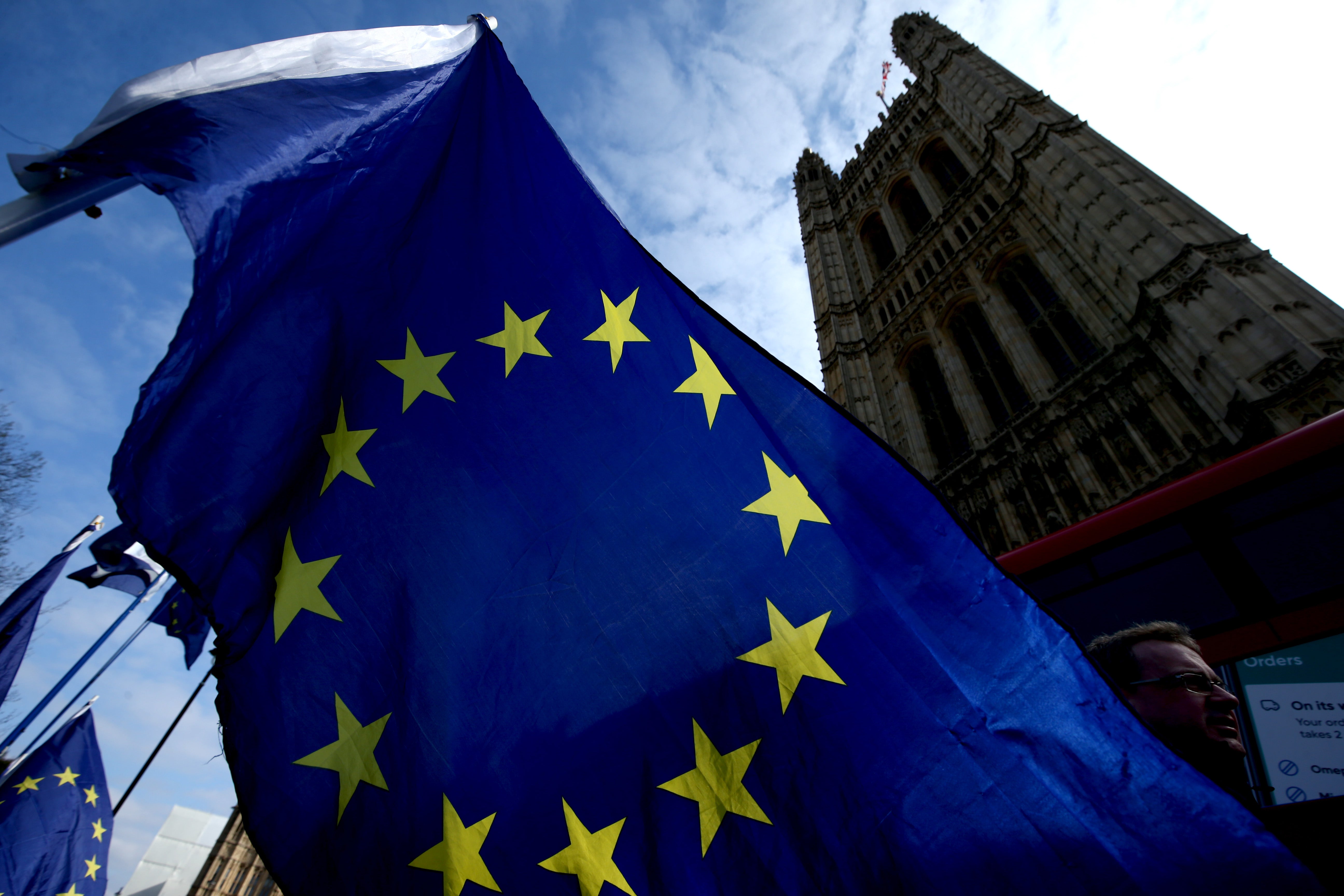 The EU flag outside the Houses of Parliament in Westminster, in the midst of Brexit negotiations in 2019