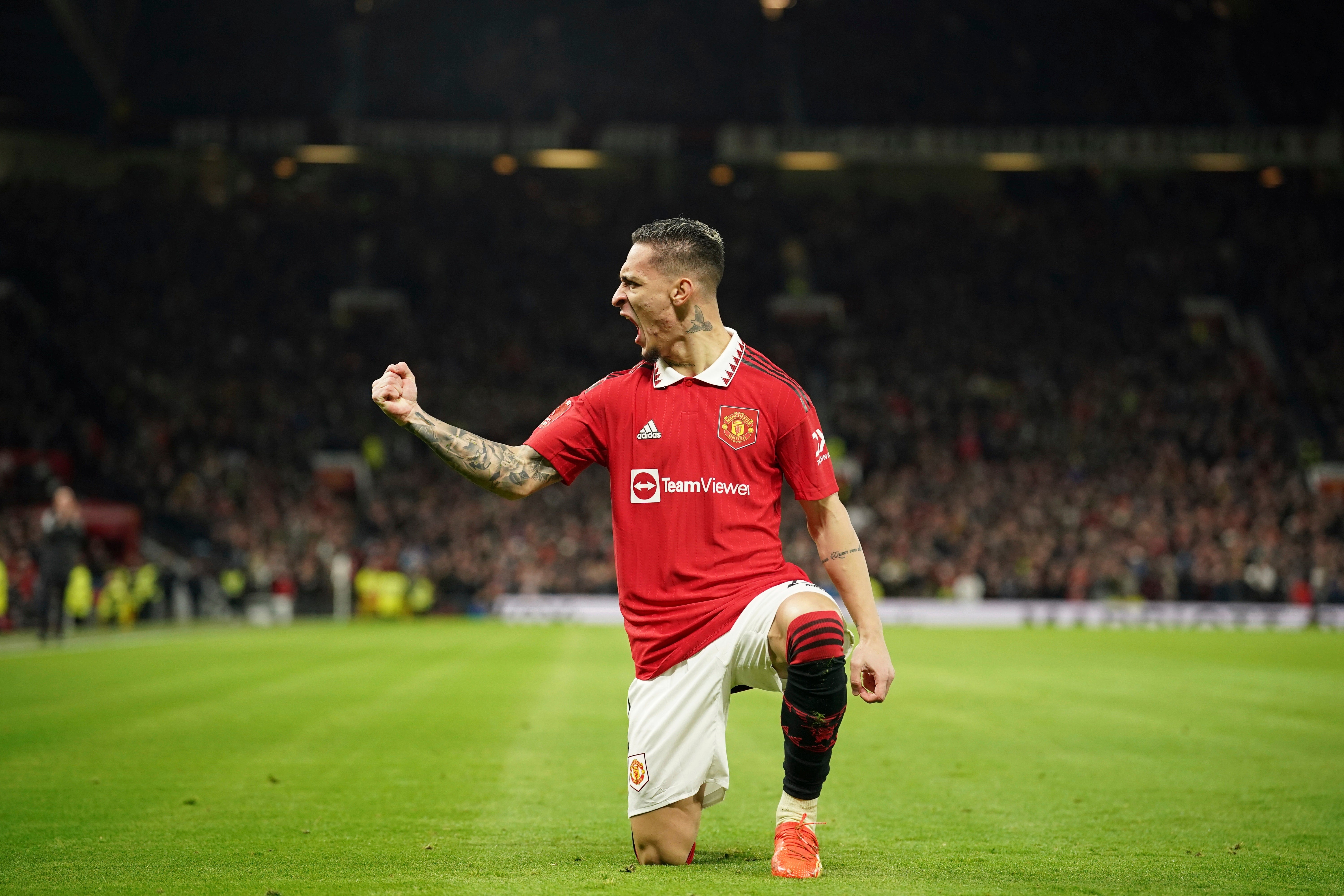 Manchester United's Antony celebrates scoring the opener