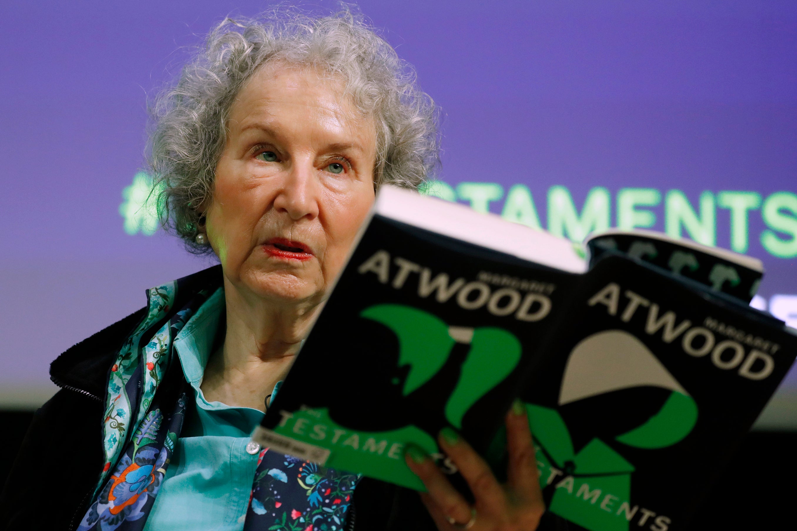 Canadian author Margaret Atwood holds a copy of her book ‘The Testaments’