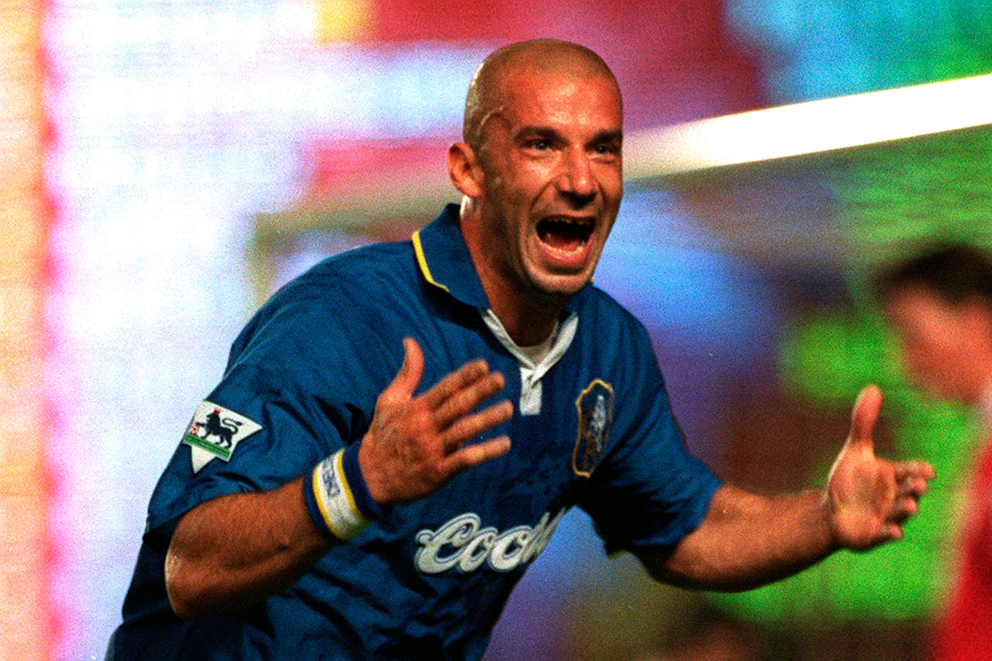 Gianluca Vialli celebrates scoring for Chelsea against Arsenal, September 1996