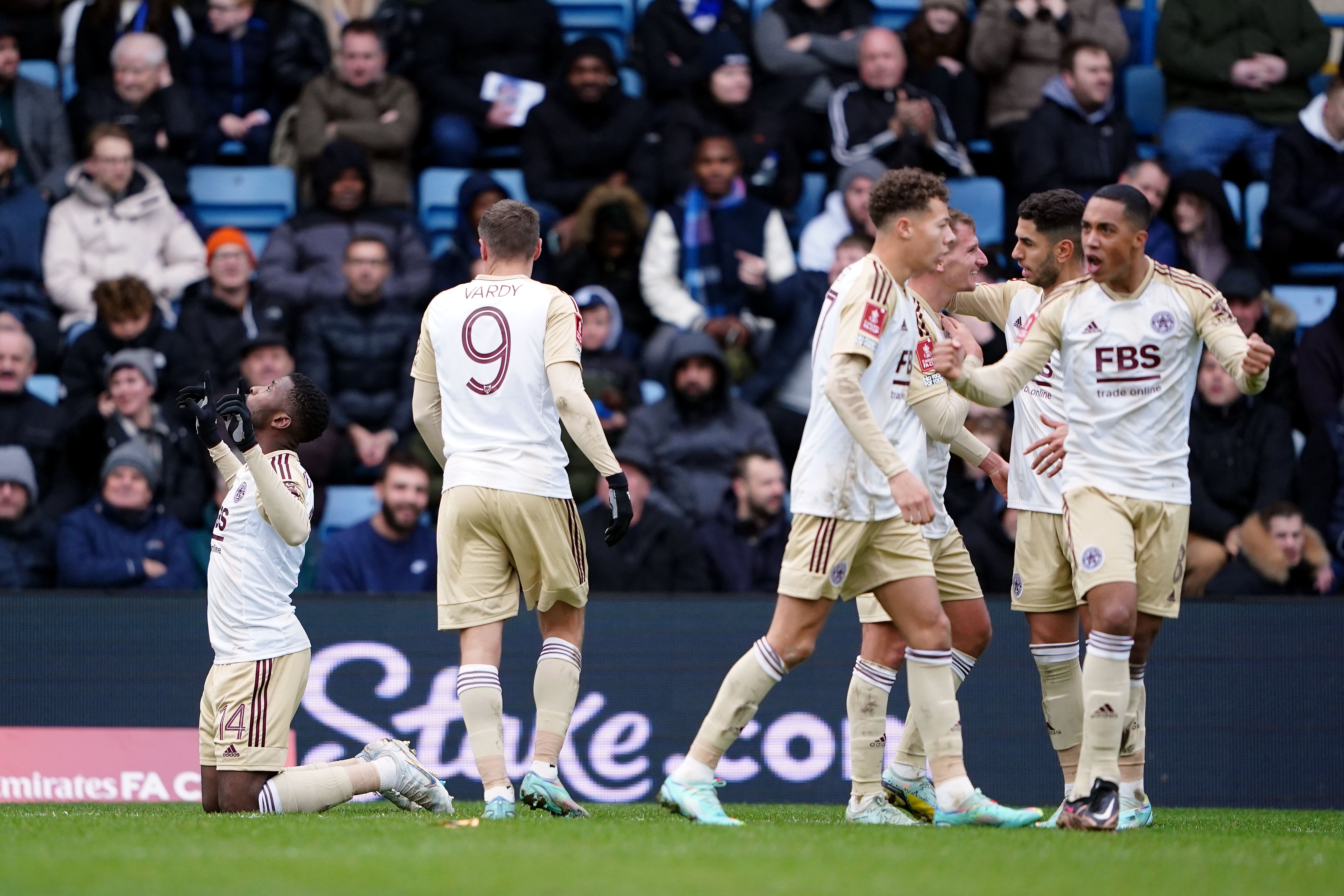 Kelechi Iheanacho celebrates the only goal of the game (Zac Goodwin/PA).