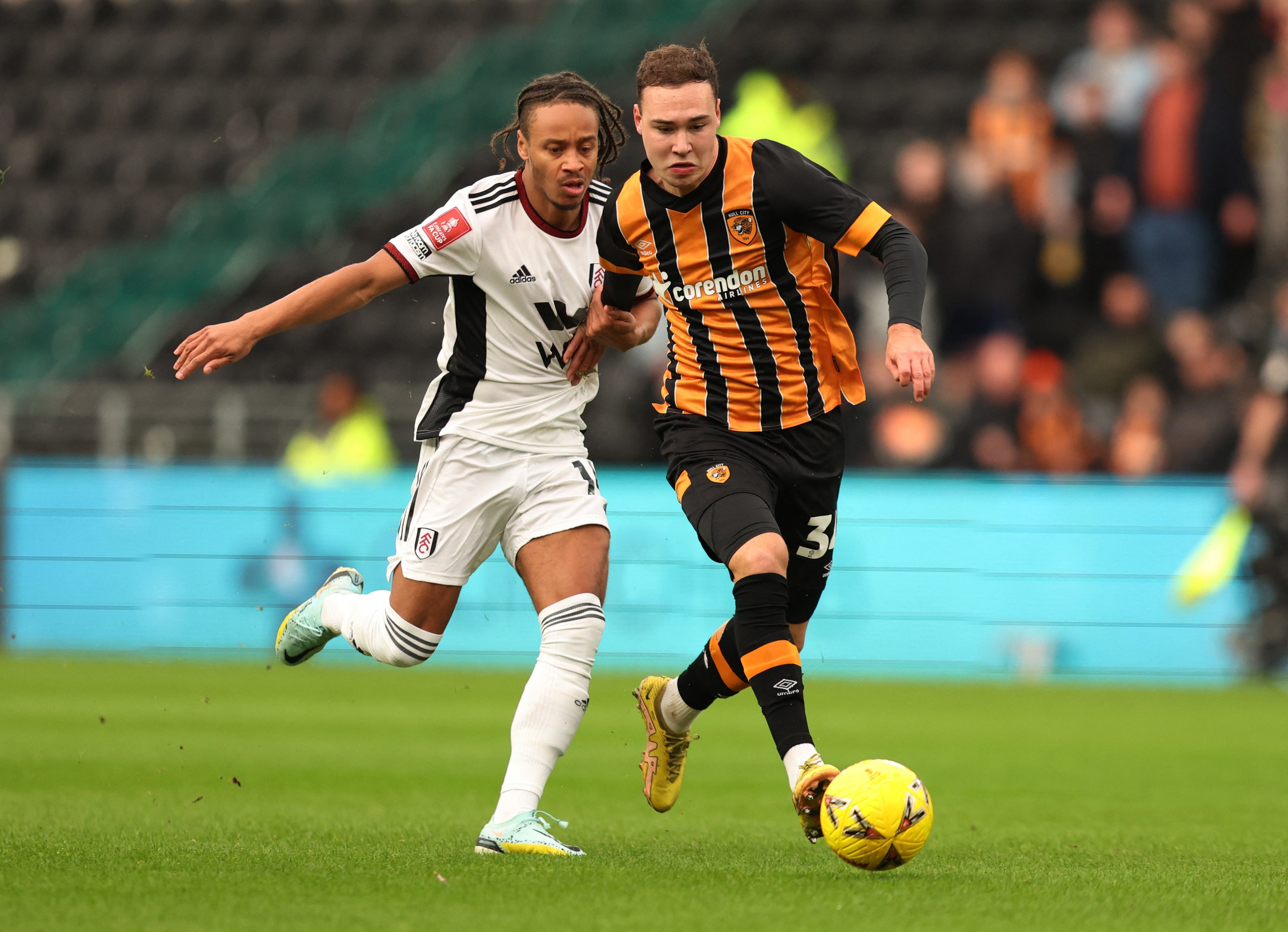 Hull City’s Harvey Vale on the ball against Fulham’s Bobby Decordova-Reid