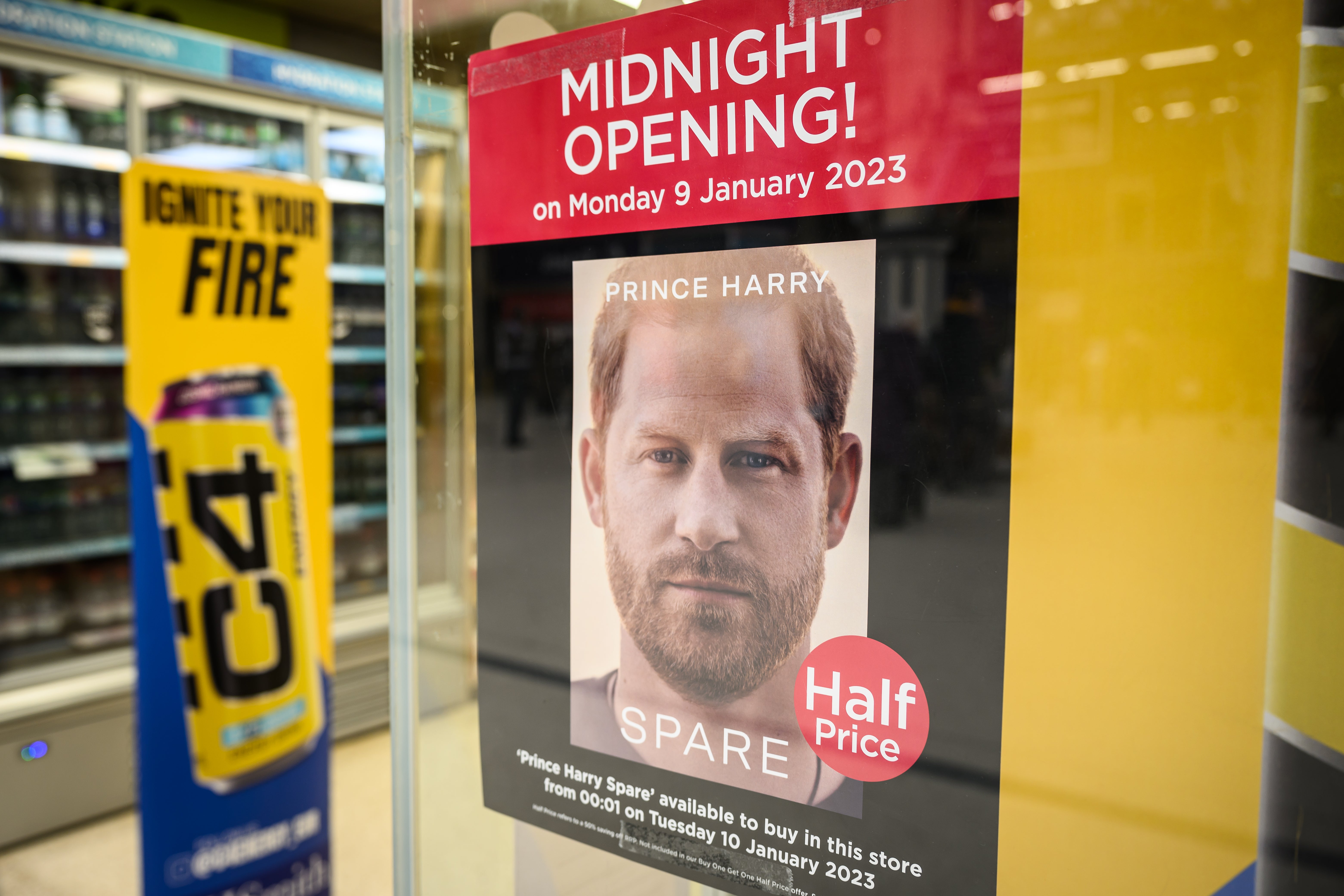 A poster advertising the launch of Prince Harry's memoir ’Spare’ is seen in a store window on January 06, 2023 in London, England.