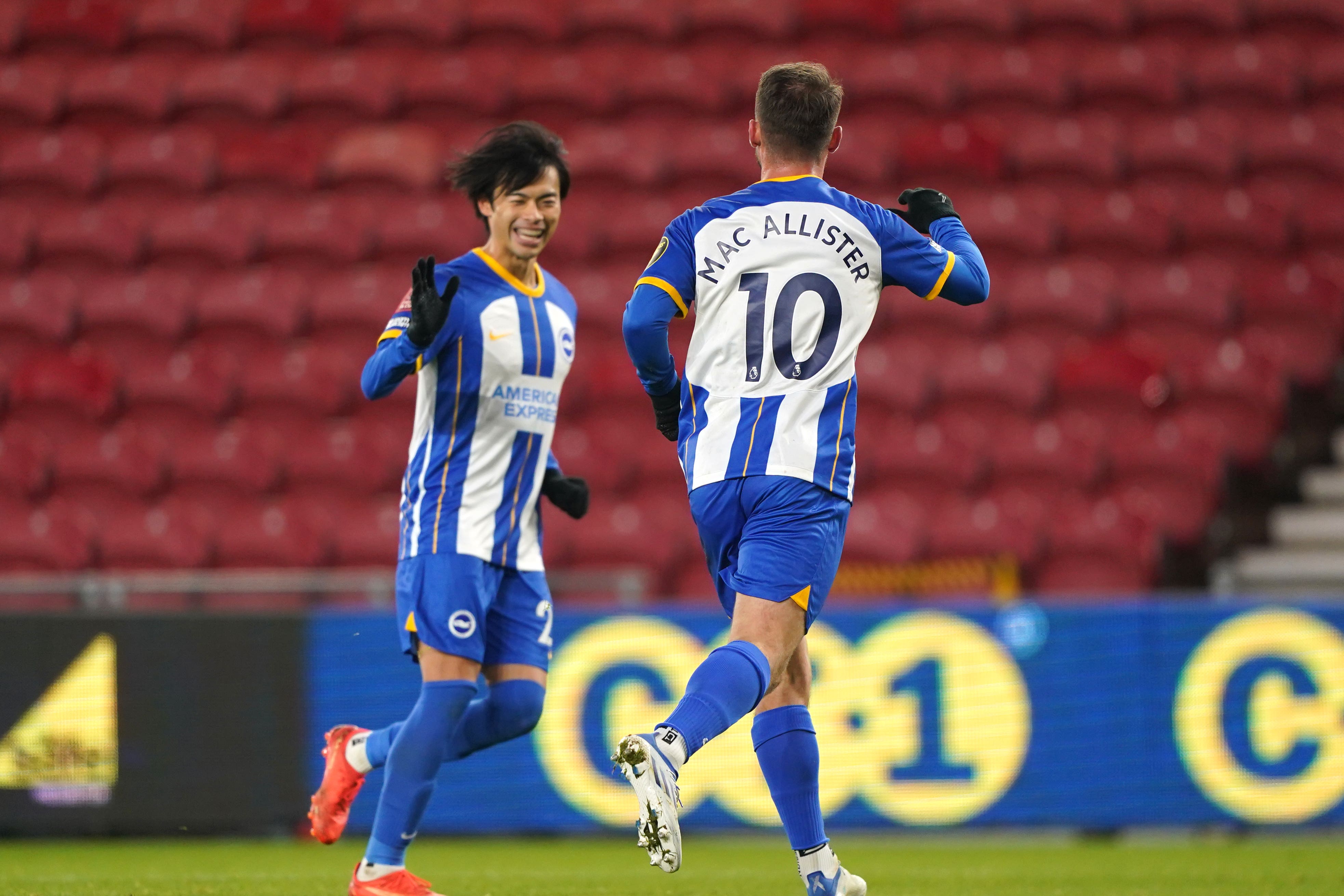 Brighton’s Alexis Mac Allister, right, celebrates after scoring at Middlesbrough (Owen Humphreys/PA)