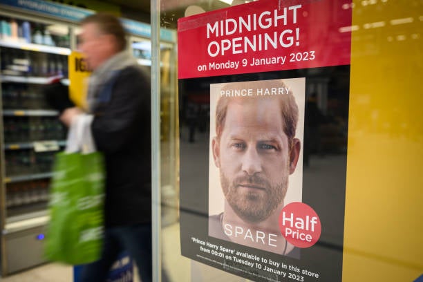 A poster advertising the launch of Prince Harry’s memoir ‘Spare' is seen in a store window on 6 January 2023 in London, England