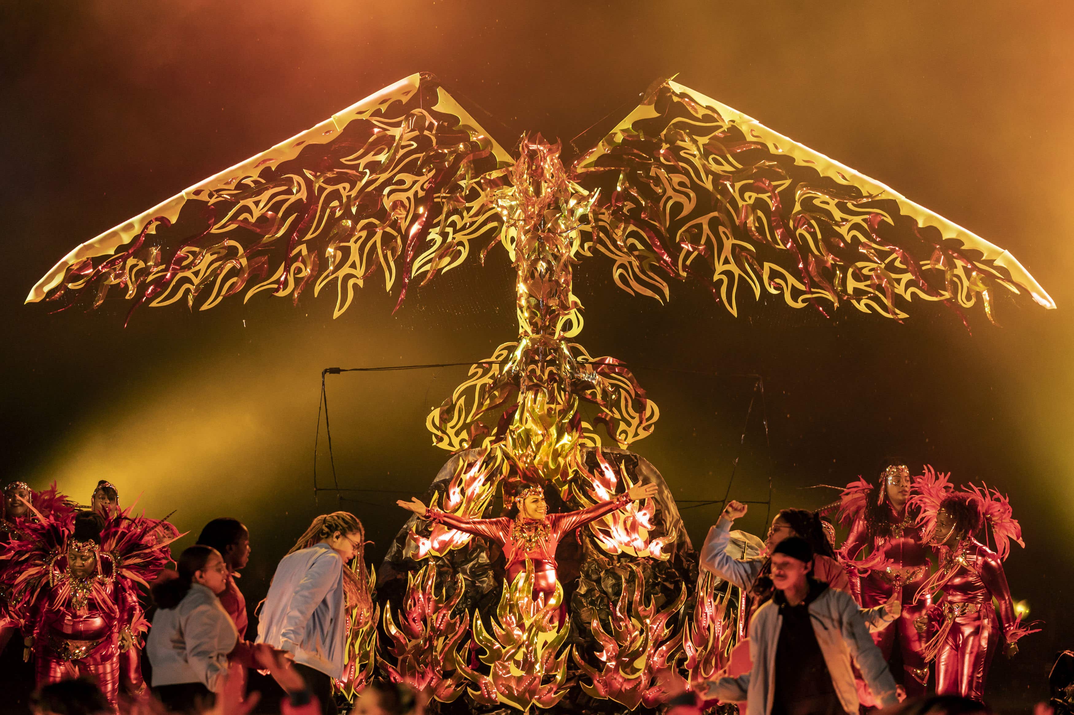 Carnival dancers performs on stage during The Awakening at Headingley Stadium in Leeds which celebrates the city’s cultural past, present and future at the start of Leeds Year of Culture 2023 (Danny Lawson/PA)