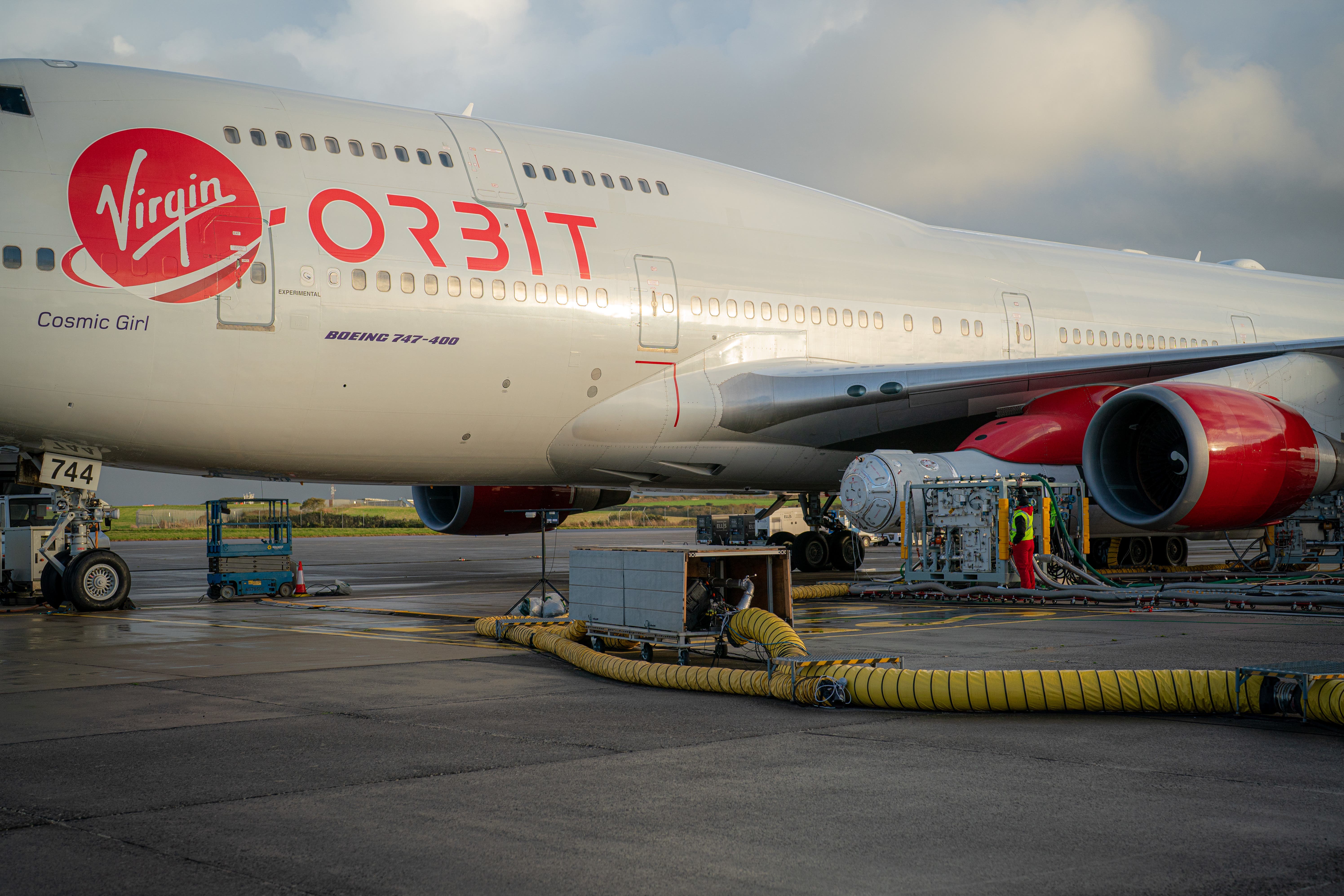 Cosmic Girl, a specially adapted 747 aircraft that carries a rocket at Spaceport Cornwall, at Cornwall Airport in Newquay (Ben Birchall/PA)