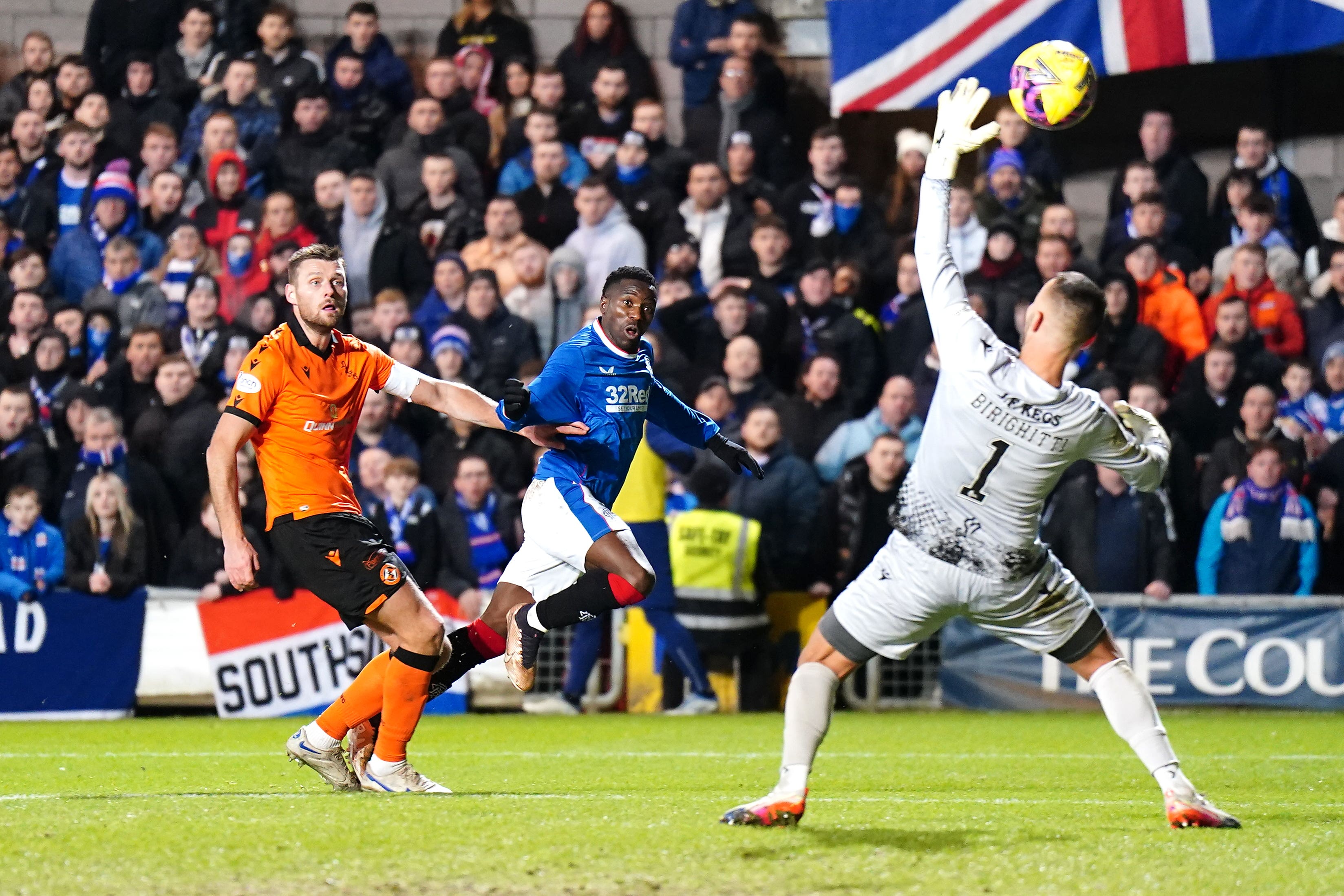 Rangers’ Fashion Sakala (centre) opens the scoring against Dundee United (Jane Barlow/PA)