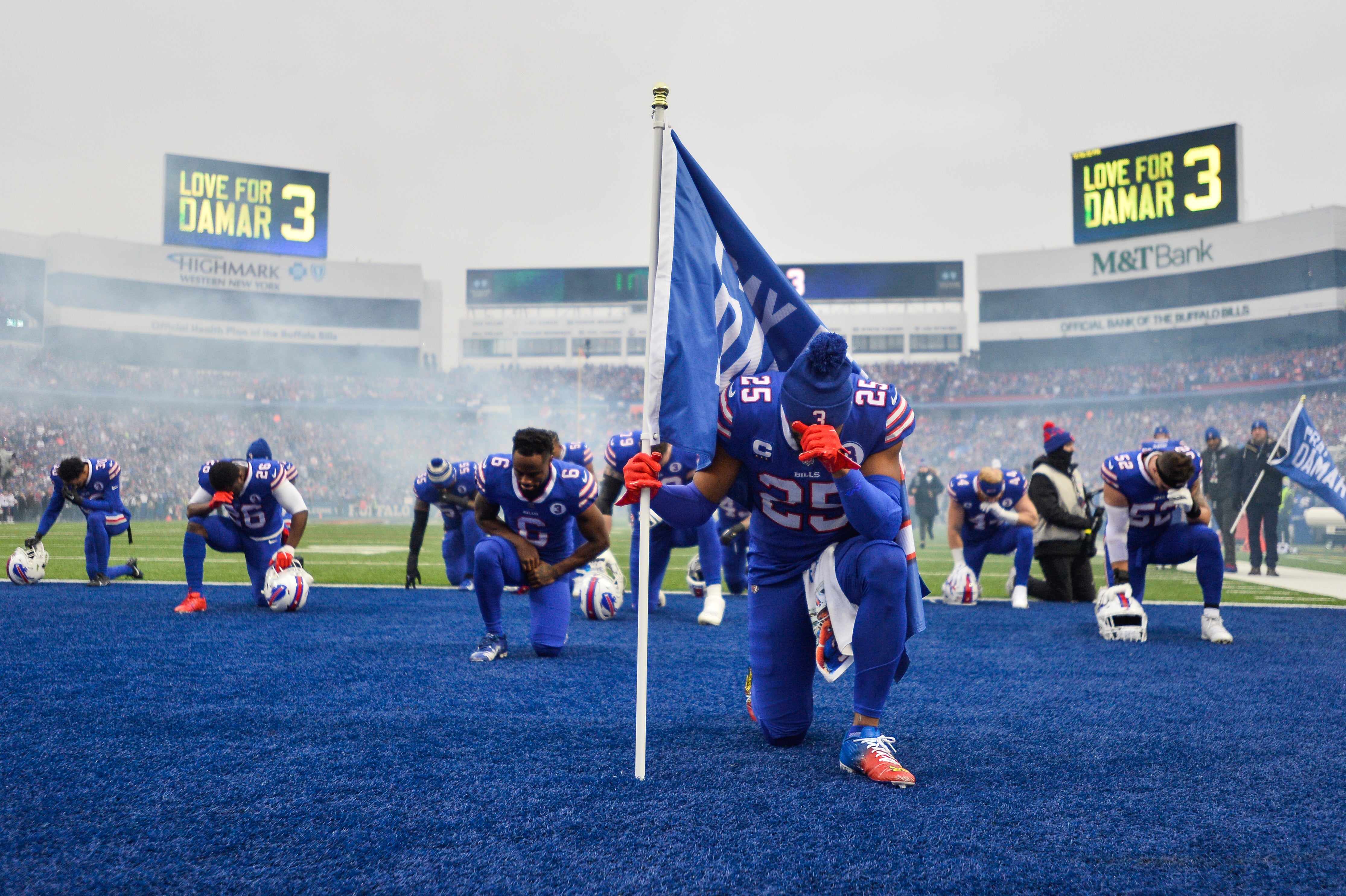 Bills players were also honouring Hamlin before and during their game against the Patriots