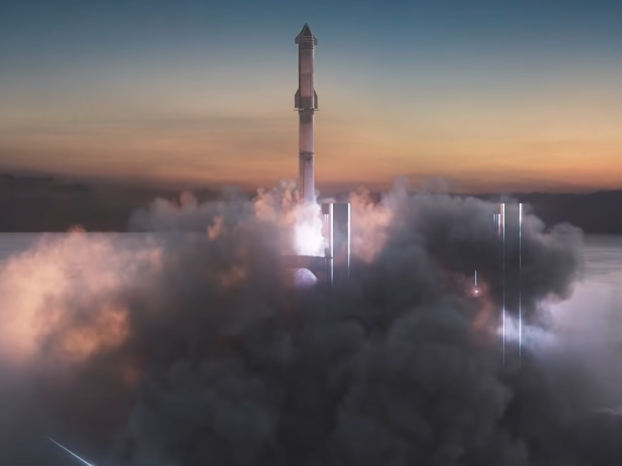 A Starship rocket and Super Heavy booster shown in an animated video from SpaceX