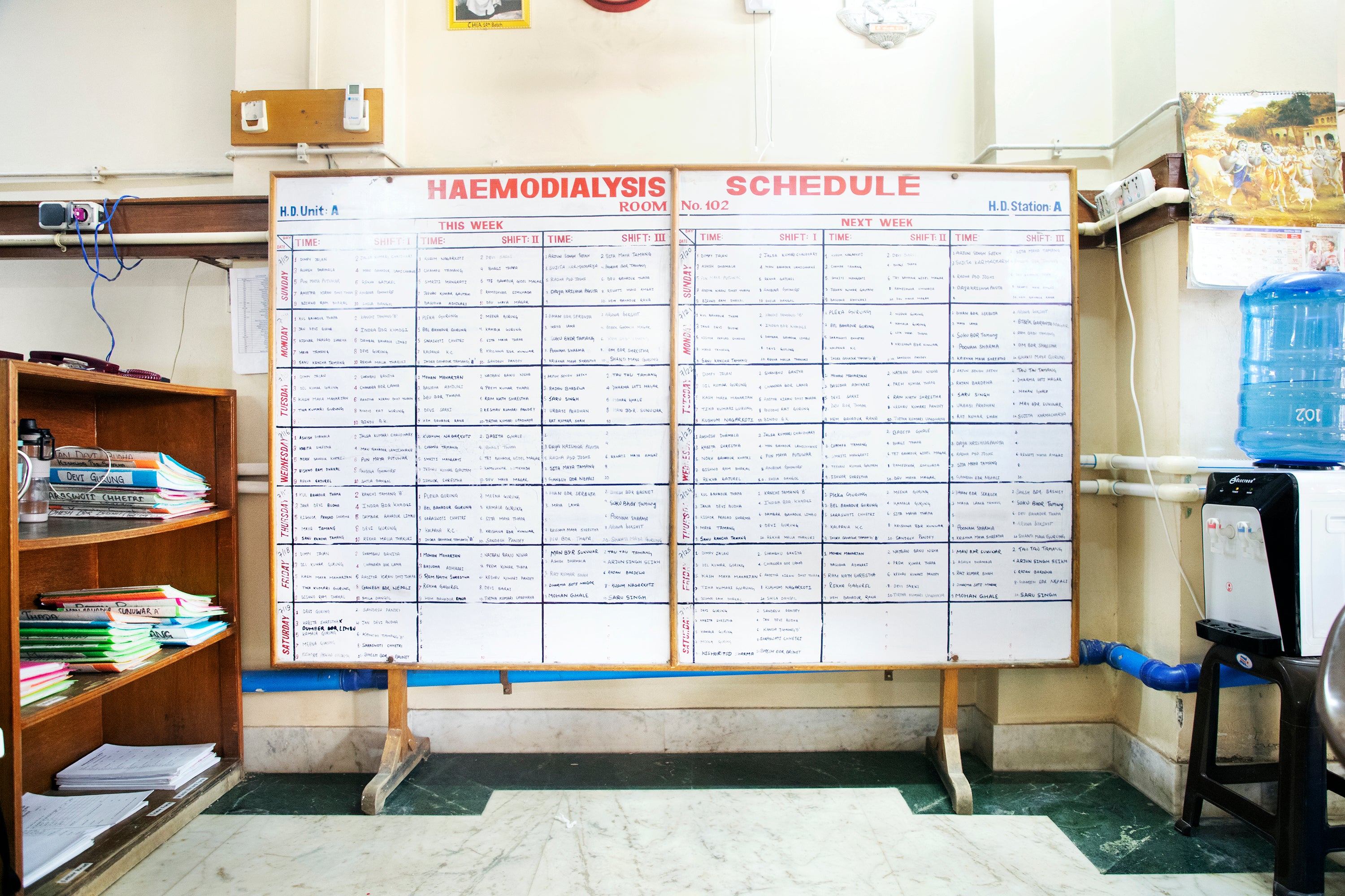 A hemodialysis daily schedule board at the National Kidney Center in Kathmandu