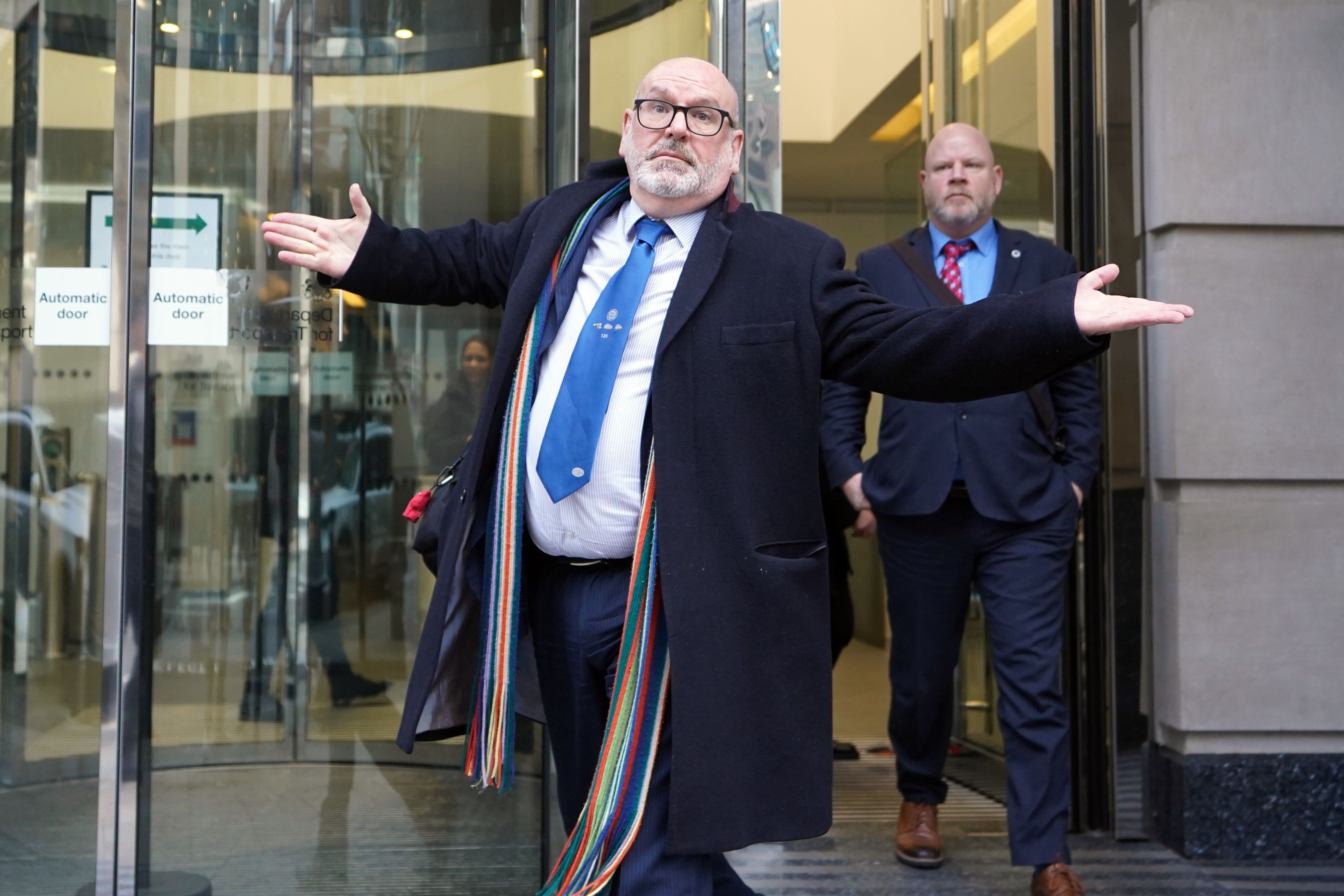 Aslef General Secretary Mick Whelan leaving the the Department of Transport in Westminster, London, following a meeting between members of the rail unions and Minister of State for Rail and HS2, Huw Merriman, after a week of disruption to rail services because of strikes. Picture date: Monday January 9, 2023.