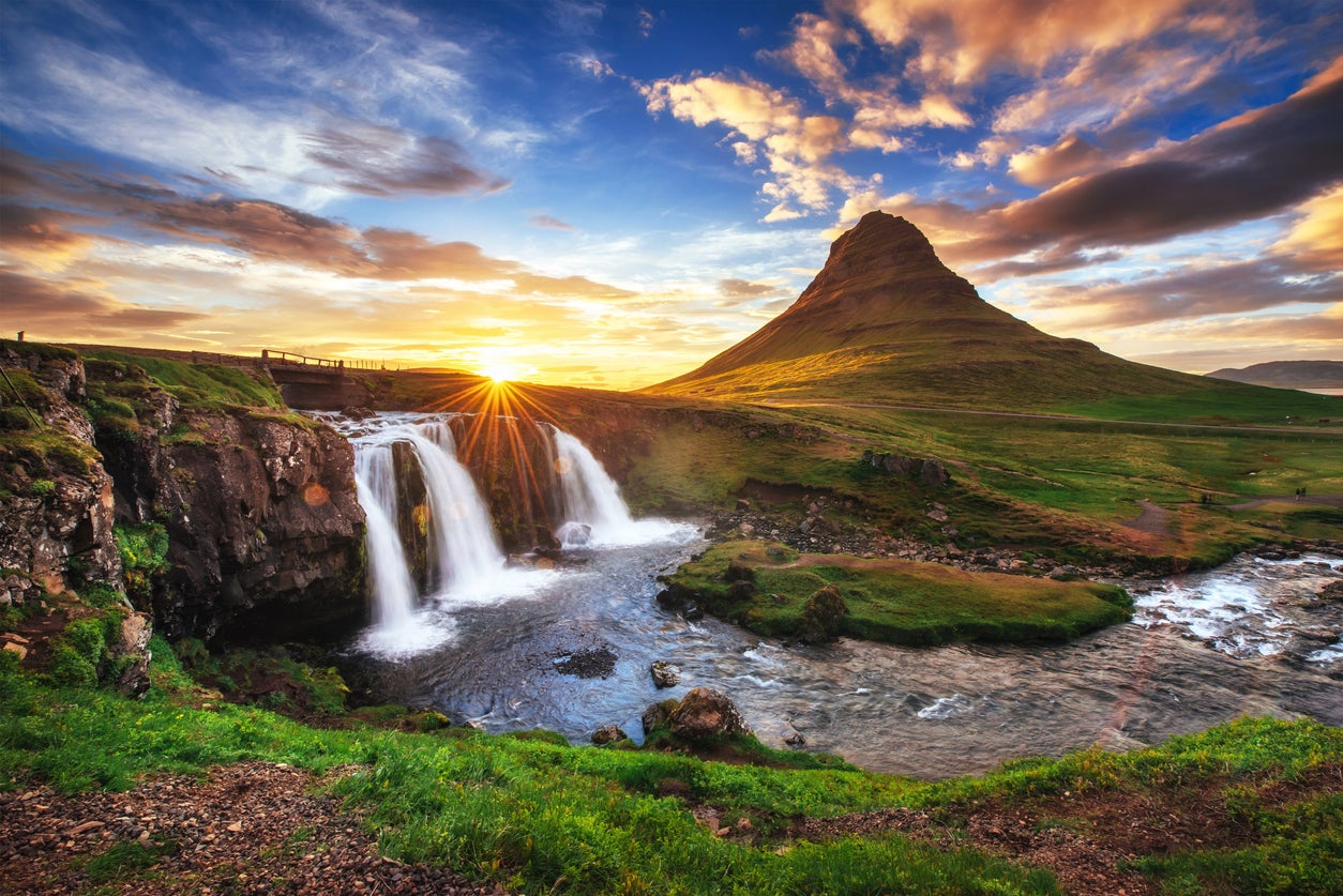 A sunset over Kirkjufell mountain on the Snaefellsnes Peninsula