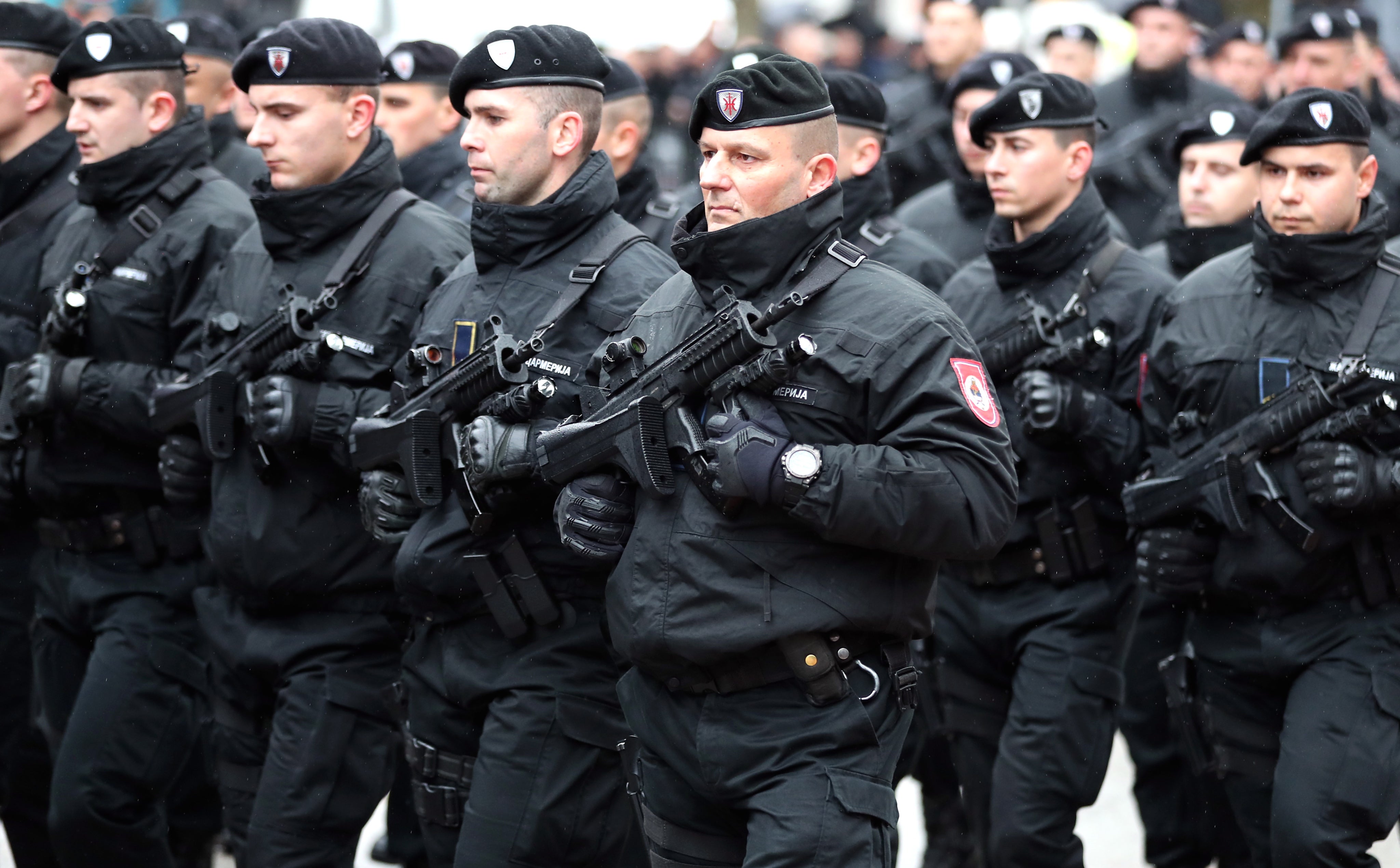 Bosnian Serb troops on parade this week. There have been sporadic outbreaks of violence between the ethnic Serbians and Albanians in recent months