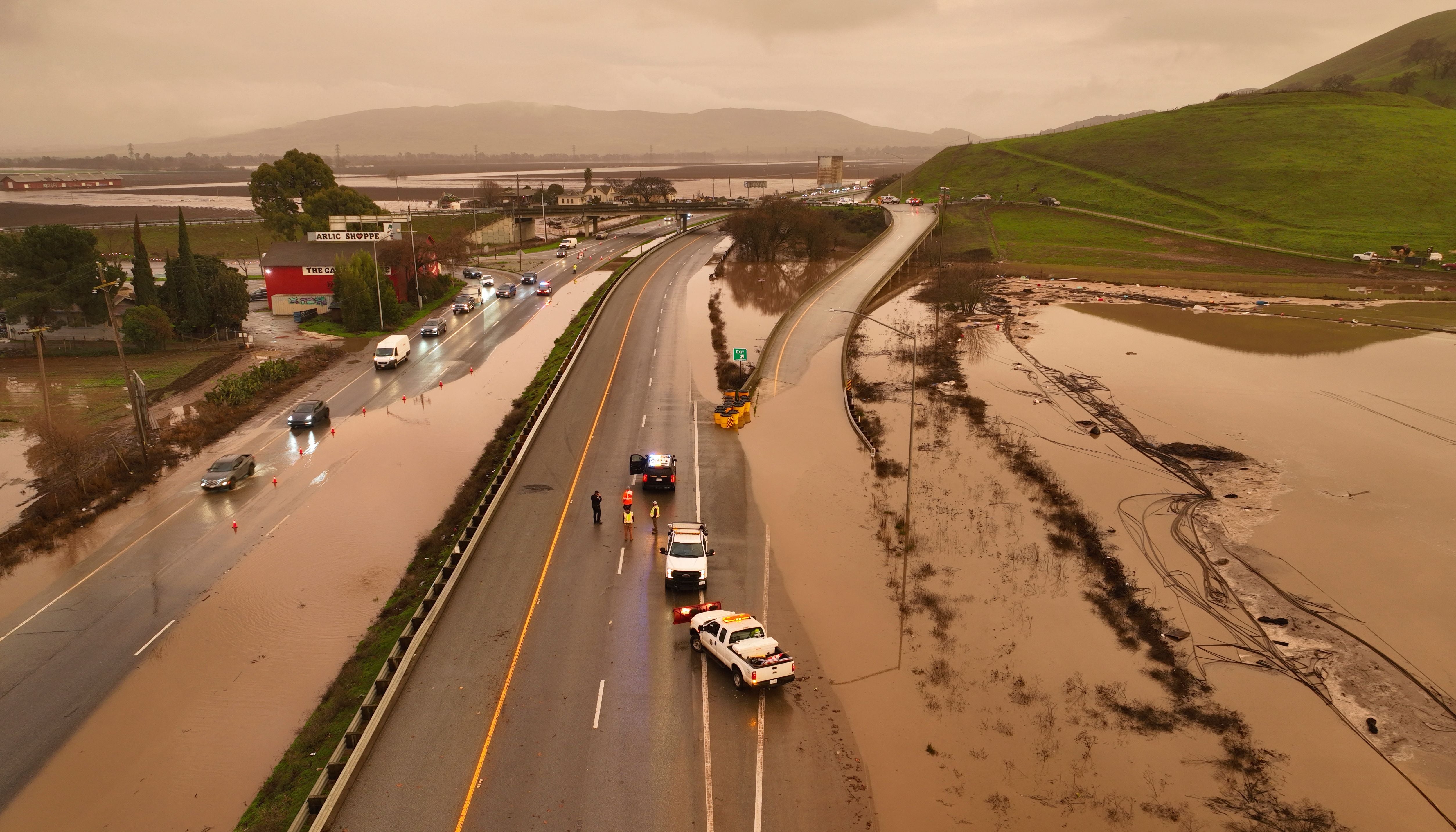 Highway 101 is closed due to flooding in Gilroy, California, on January 09, 2023