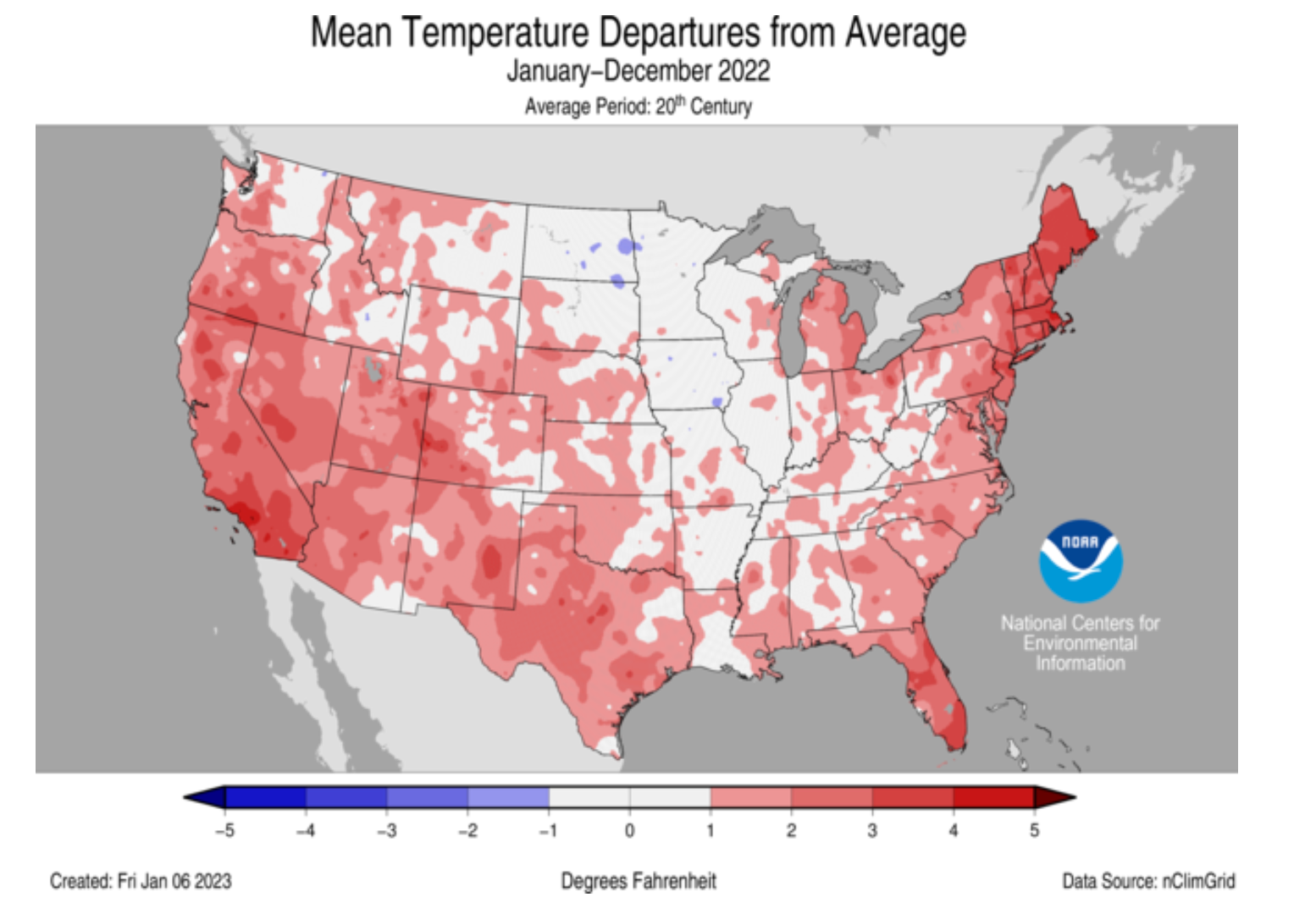 Mean temperature departures from average across the US in 2022