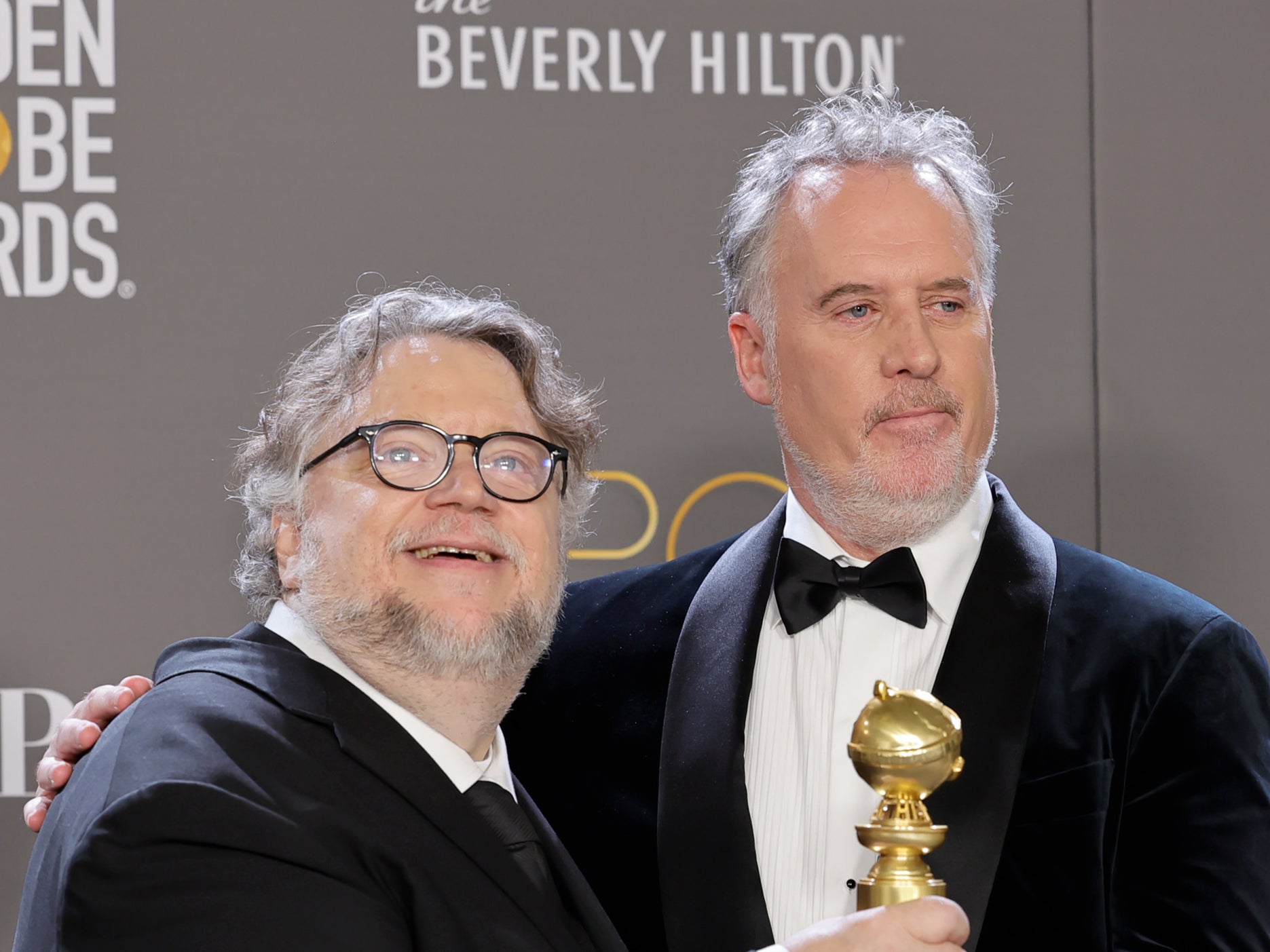 Guillermo del Toro and Mark Gustafson at the Golden Globes