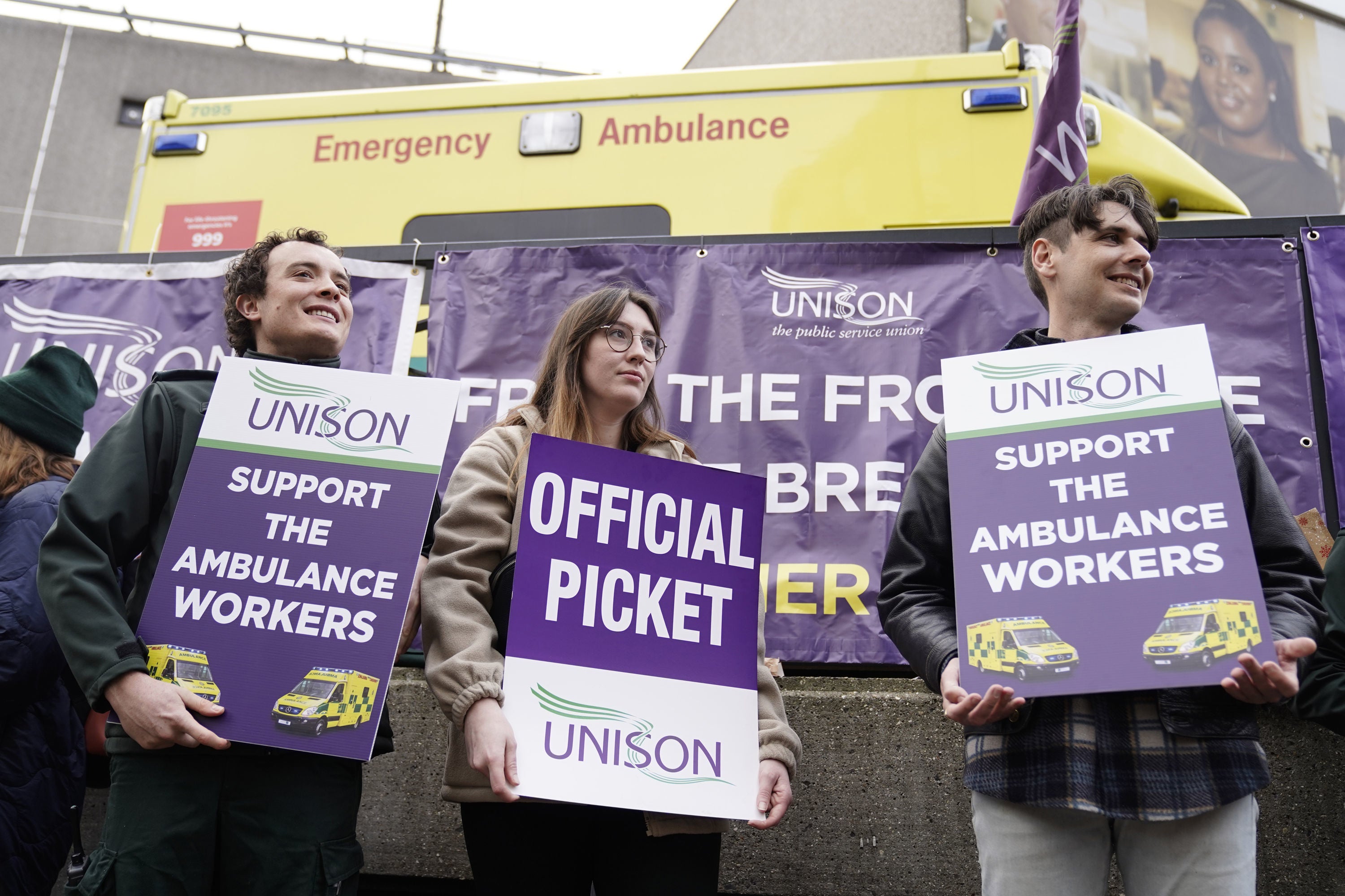 Ambulance workers on the picket line outside Waterloo ambulance station