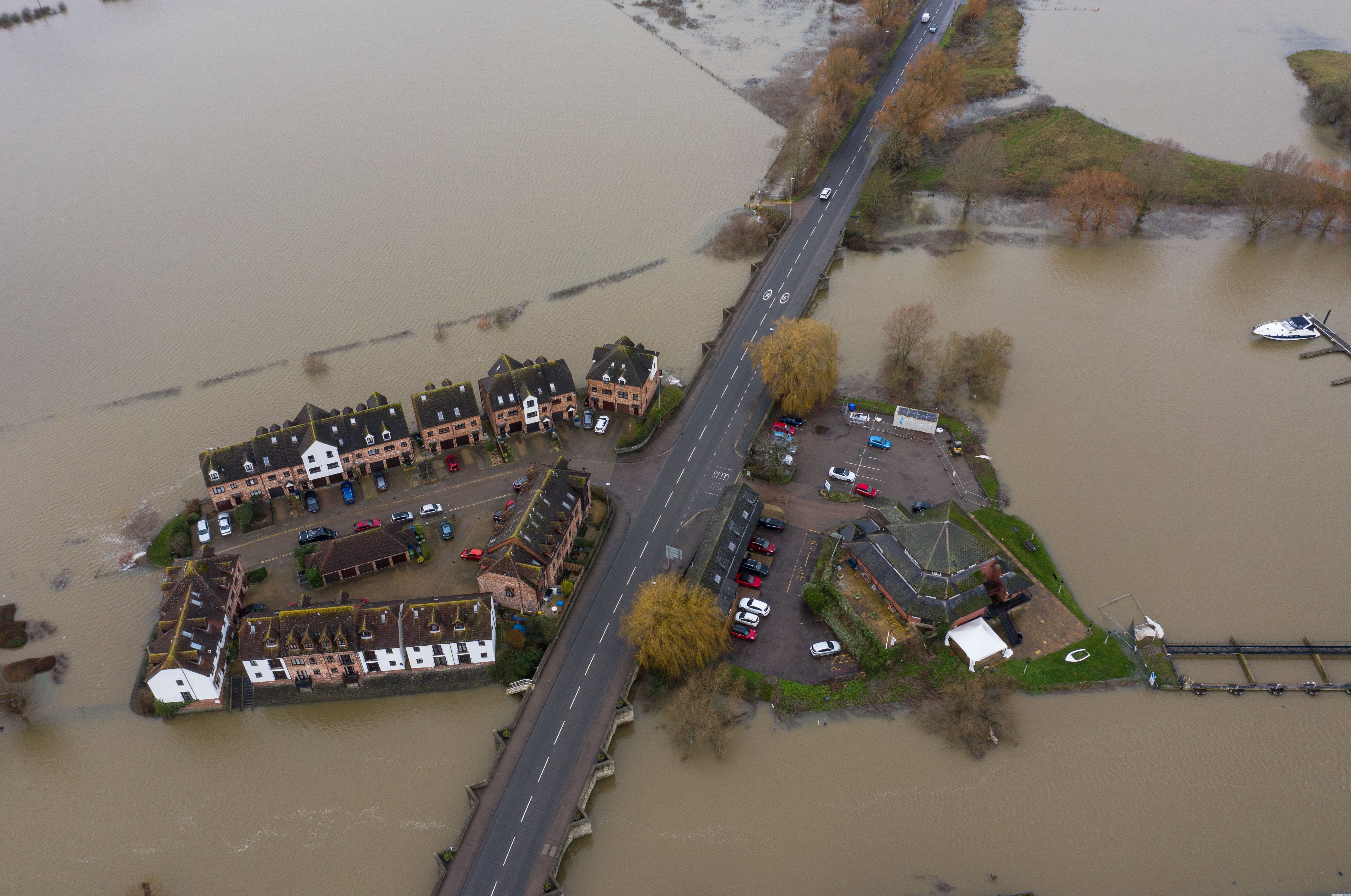 King Johns Court housing estate in Tewkesbury, Gloucestershire surrounded by floodwater