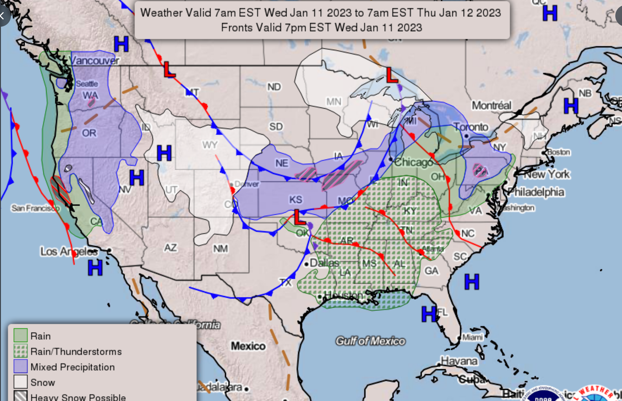 Weather systems impacting the US over the next 24 hours