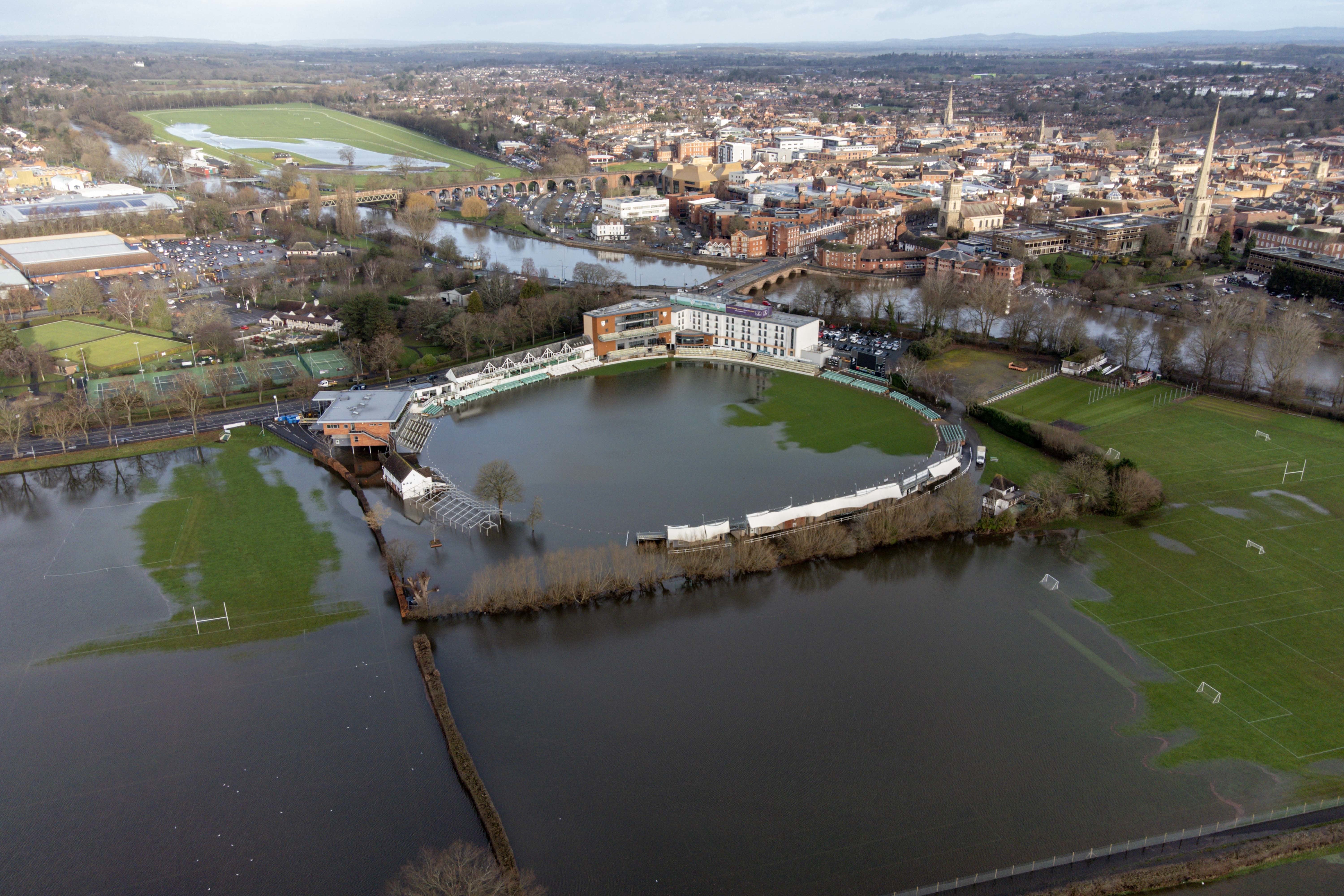 Flooded New Road cricket ground in Worcester following persistent rain over the weekend